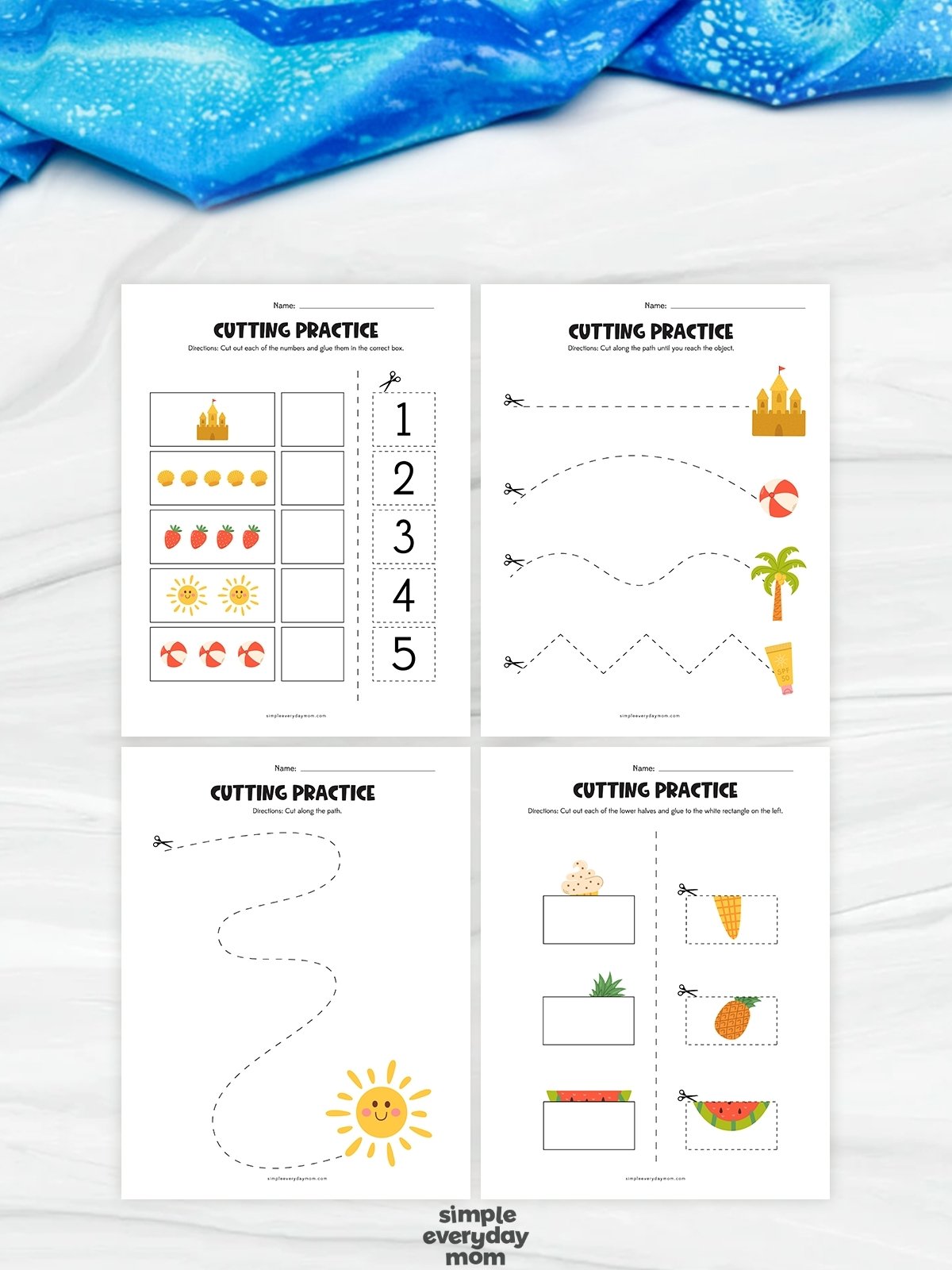 This printable beach cutting practice pack for kindergarten includes a variety of engaging activities designed to strengthen fine motor skills and scissor control. Children can practice cutting along straight, curved, wavy, and zigzag lines, complete counting and matching exercises, and enjoy fun cut-and-paste activities featuring beach-themed images like sandcastles, sunshine, beach balls, pineapples, and watermelon. These hands-on worksheets make summer learning enjoyable while helping young learners build coordination, concentration, and early math skills.