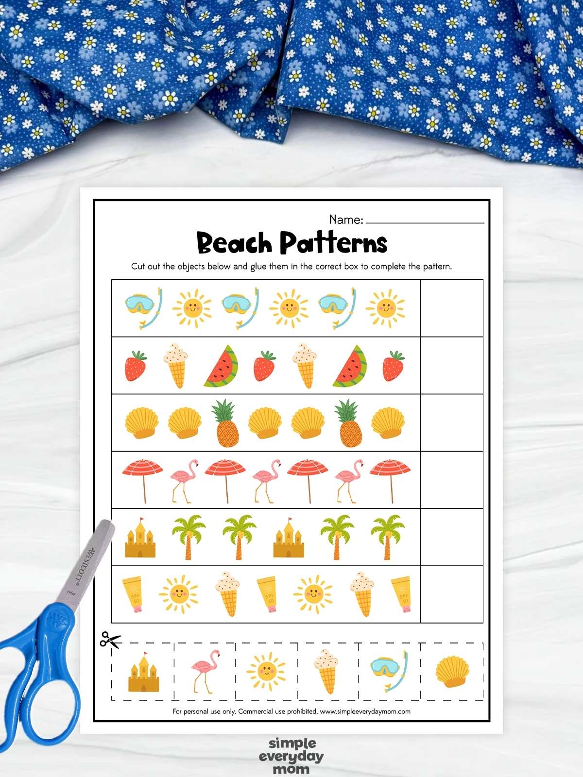 This beach patterns worksheet helps kindergarten students develop critical thinking and early math skills by identifying and completing repeating patterns. Children cut out the beach-themed pictures at the bottom of the page and place them in the correct boxes to finish each sequence. Featuring fun summer images like seashells, palm trees, flamingos, and sunshine, this hands-on activity makes pattern recognition engaging and enjoyable for young learners.