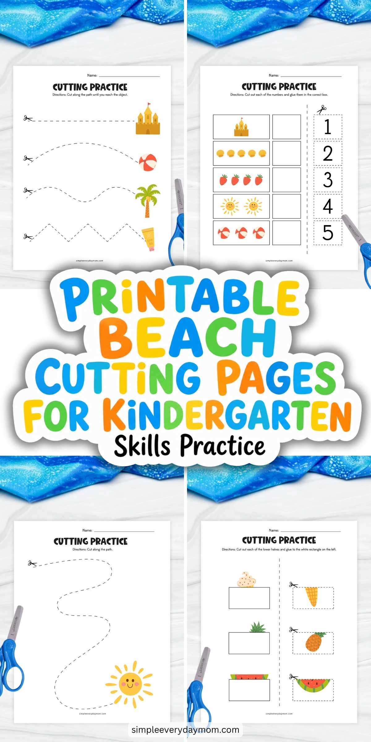 These printable beach cutting pages for kindergarten help children strengthen fine motor skills and scissor control through fun, hands-on activities. The worksheet set includes tracing and cutting paths, matching and counting exercises, and cut-and-paste activities featuring beach-themed images like sandcastles, sunshine, ice cream, and beach balls. Perfect for summer learning, these engaging pages encourage skill development while keeping young learners entertained and focused.
