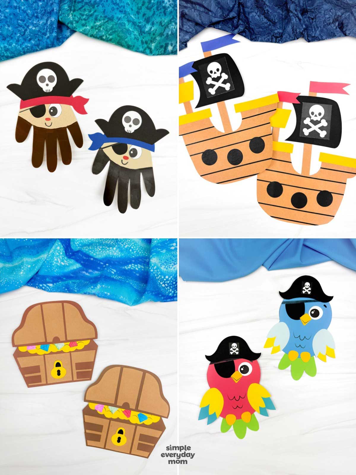 This image showcases four pirate-themed paper crafts that are perfect for preschool and elementary-aged children. The activities include handprint pirate characters, pirate ships with colorful flags, treasure chest crafts filled with jewels, and cheerful pirate parrots wearing pirate hats, all designed to encourage creativity and imaginative play. These fun ocean-adventure crafts help children develop fine motor skills, cutting and gluing abilities, and storytelling skills while exploring a pirate theme.