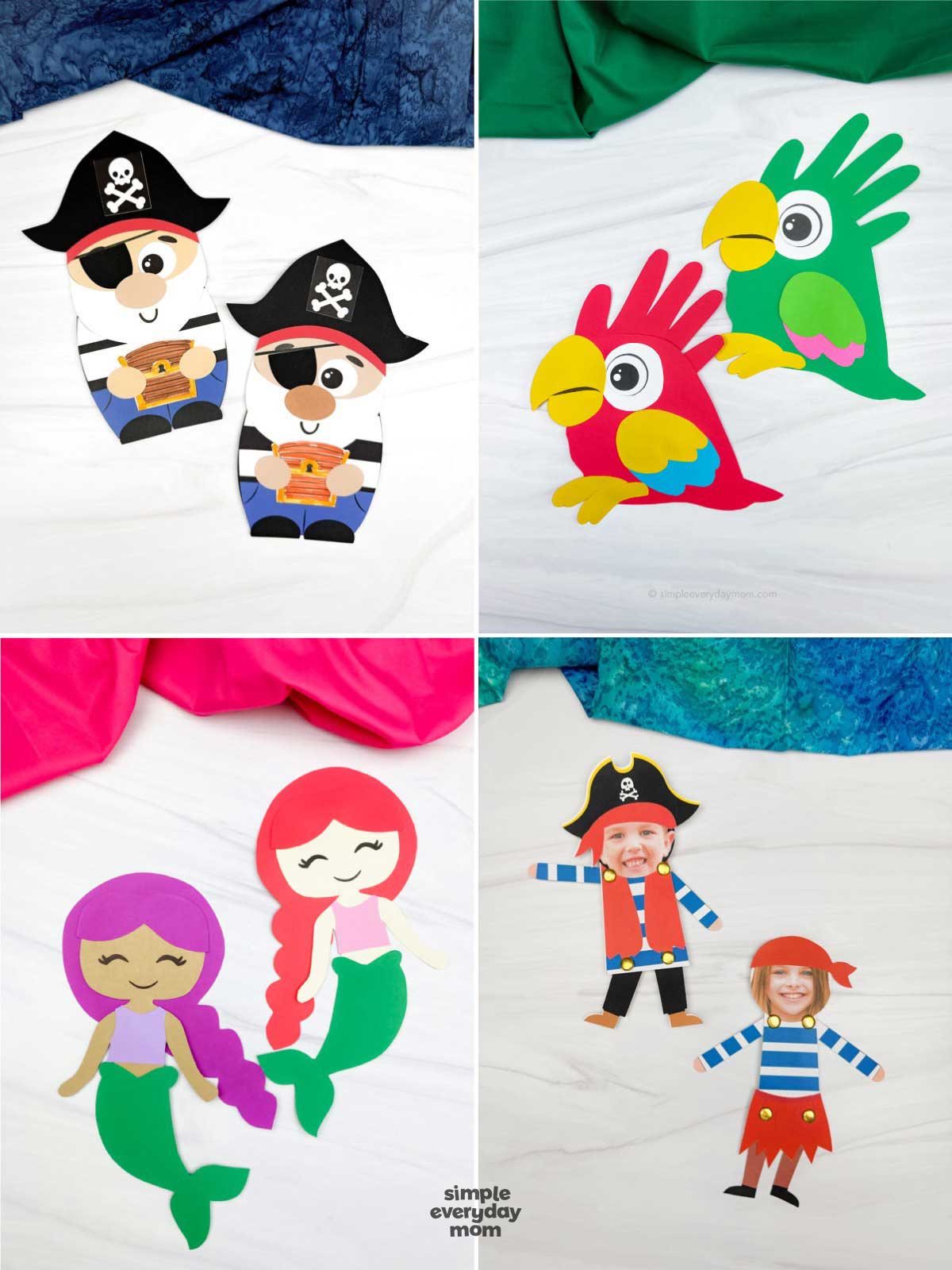 This image showcases four ocean and pirate-themed paper crafts designed for preschool and elementary-aged children. The projects include friendly pirate characters, colorful parrots, smiling mermaid crafts, and personalized pirate puppets that can incorporate a child's photo for added fun and creativity. These hands-on activities help develop fine motor skills, imaginative play, and storytelling while introducing children to exciting under-the-sea and pirate adventure themes.