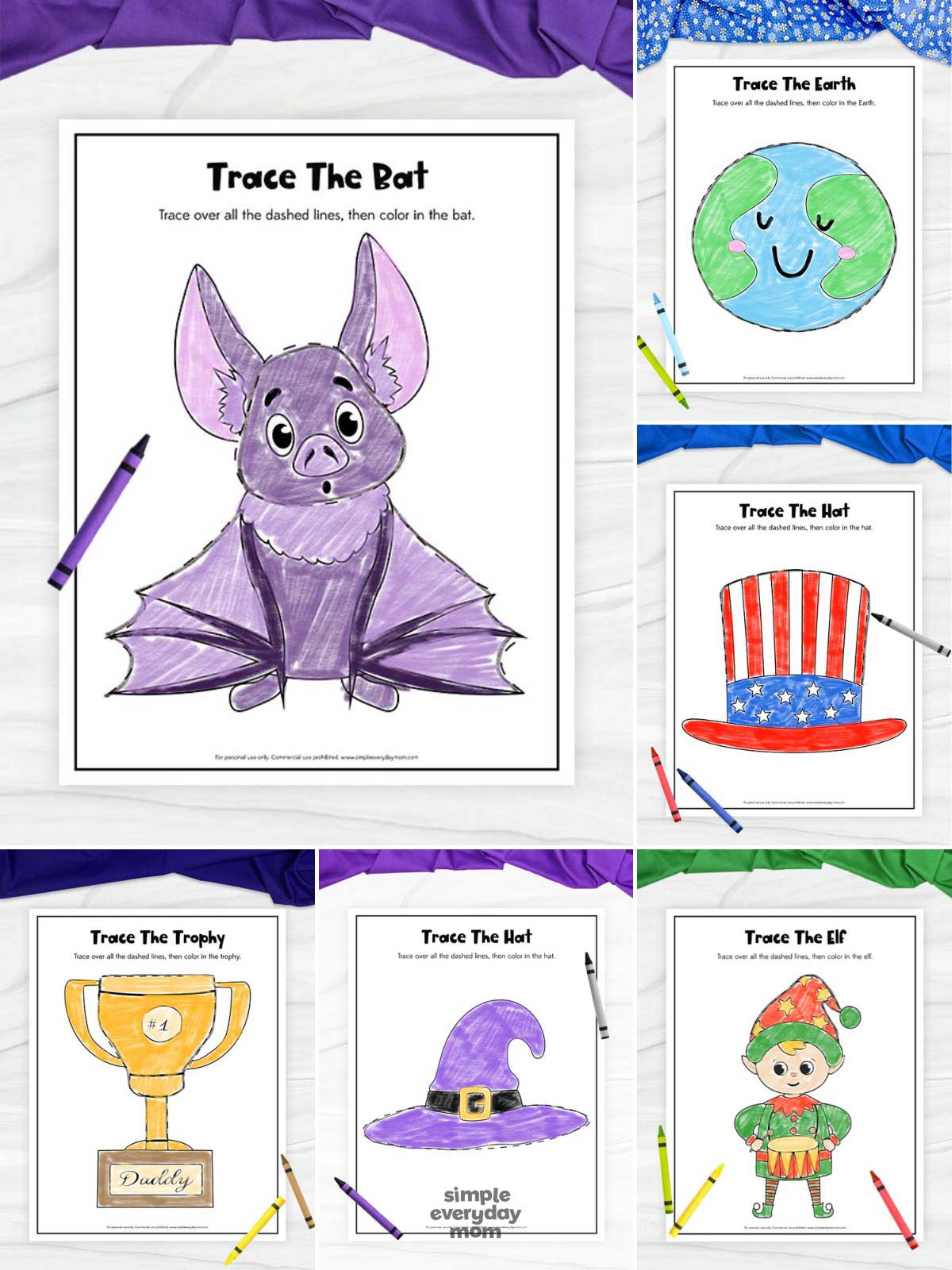 This image shows a collection of children's trace-and-color worksheets featuring different themes, including a bat, Earth, hats, a trophy, and an elf. Each worksheet encourages kids to trace the dashed lines and then color the picture, helping develop fine motor and handwriting skills. The pages are brightly colored and displayed with crayons, making them appealing and engaging for young learners.