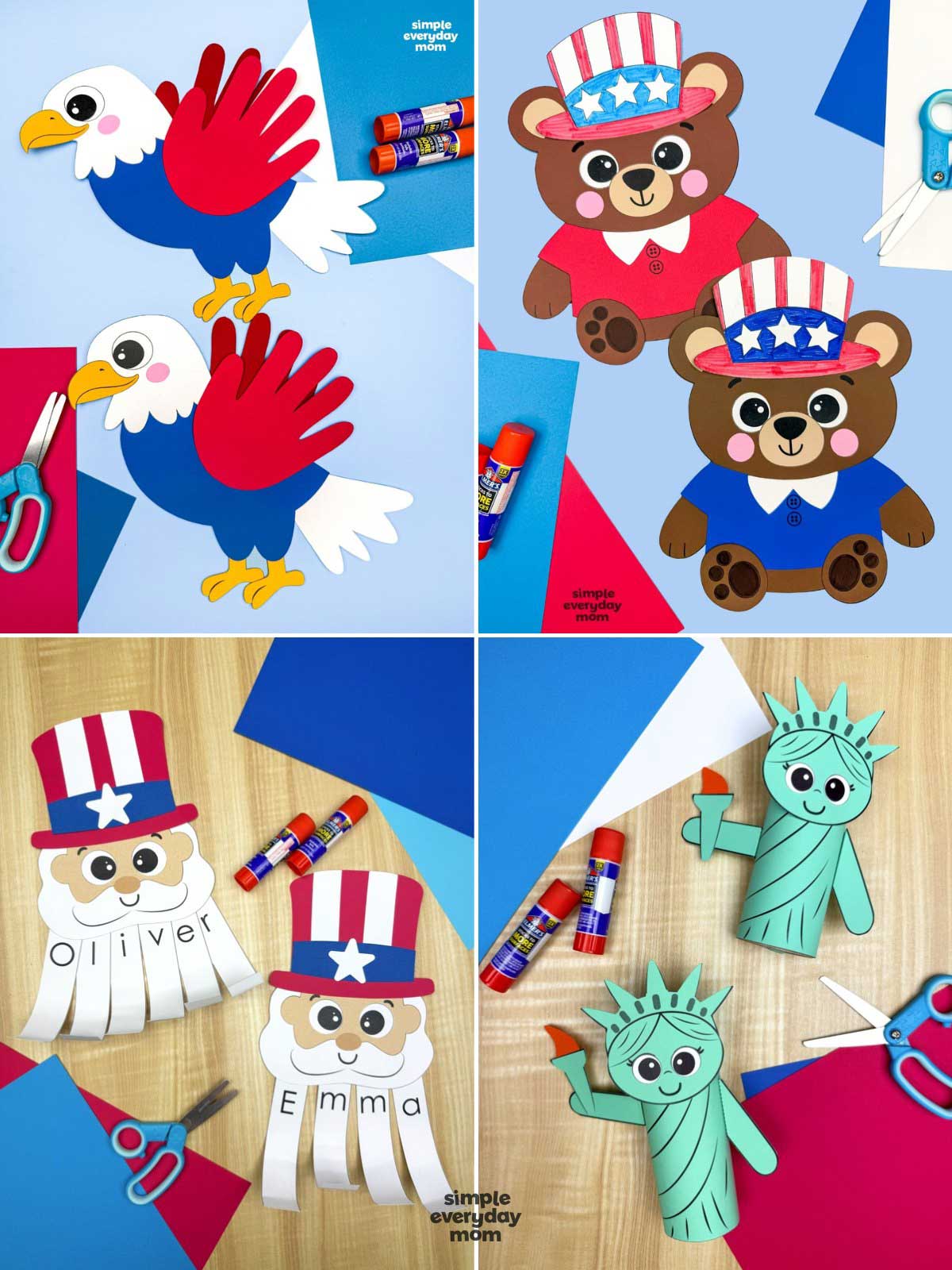 This image showcases four patriotic Independence Day craft projects for preschool and elementary-aged children. The crafts include a handprint bald eagle, patriotic teddy bears wearing Uncle Sam hats, a paper Uncle Sam name craft, and a Statue of Liberty paper craft, all made with colorful construction paper and simple supplies. These festive activities help children develop creativity, fine motor skills, and holiday-themed learning while celebrating the Fourth of July.
