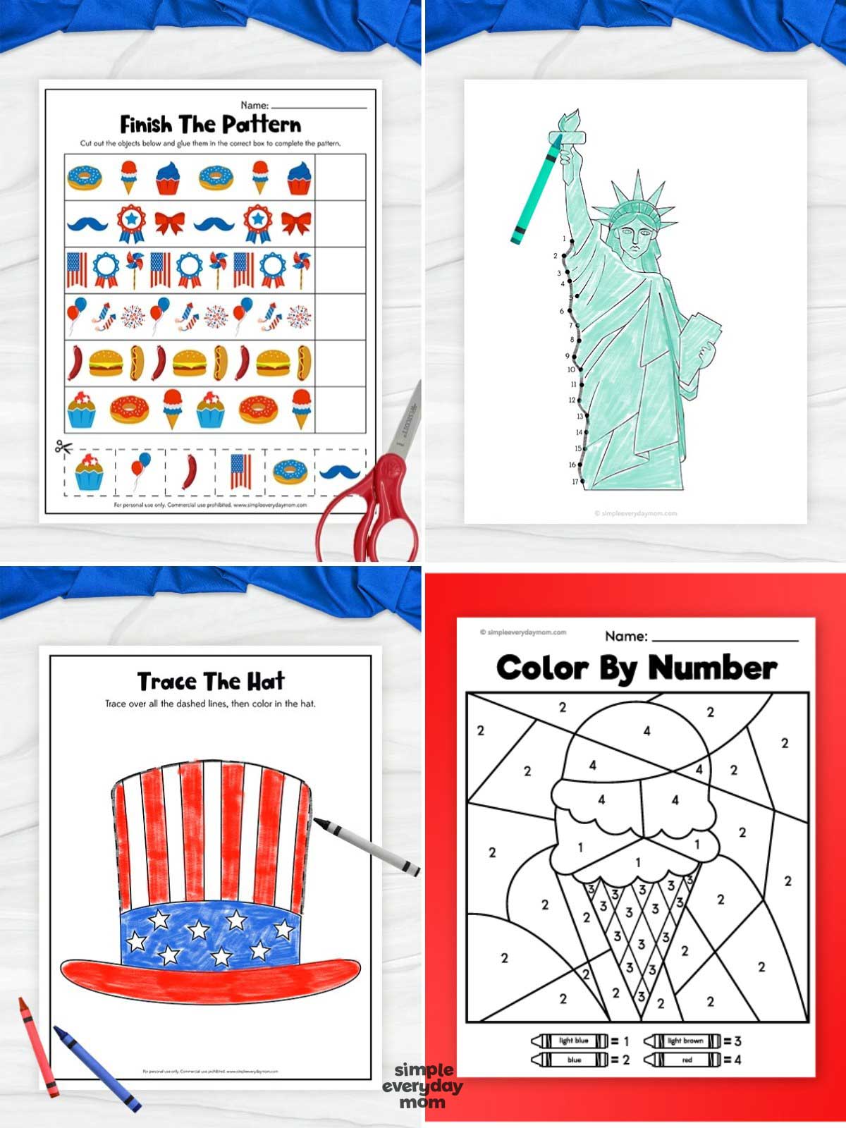 This image features four Fourth of July-themed printable worksheets designed for preschool and kindergarten learners. The activities include pattern completion, a Statue of Liberty connect-the-dots page, hat tracing and coloring practice, and an ice cream color-by-number worksheet that helps children develop early math, fine motor, and problem-solving skills. With patriotic symbols and festive red, white, and blue themes, these engaging printables make Independence Day learning fun and educational.