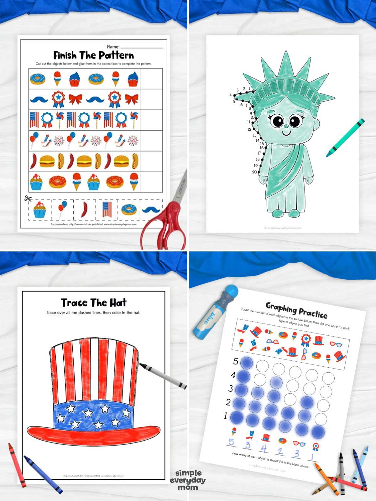 This image showcases four patriotic preschool and kindergarten worksheets designed for Independence Day learning and skill development. The activities include pattern completion, a Statue of Liberty connect-the-dots page, hat tracing and coloring practice, and a graphing worksheet that helps children build early math, fine motor, and visual discrimination skills. Featuring festive red, white, and blue themes, these engaging printables make July 4th learning both educational and fun.