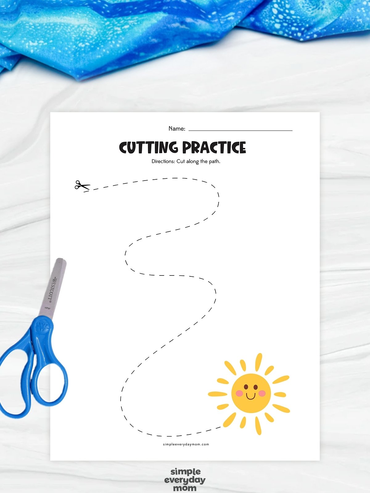 This beach-themed cutting practice worksheet helps kindergarten students strengthen their scissor skills and hand-eye coordination. Children follow the curved dashed line from the scissors to the smiling sun, practicing controlled cutting along a winding path. The simple summer design makes fine motor skill development fun, engaging, and perfect for early learners.