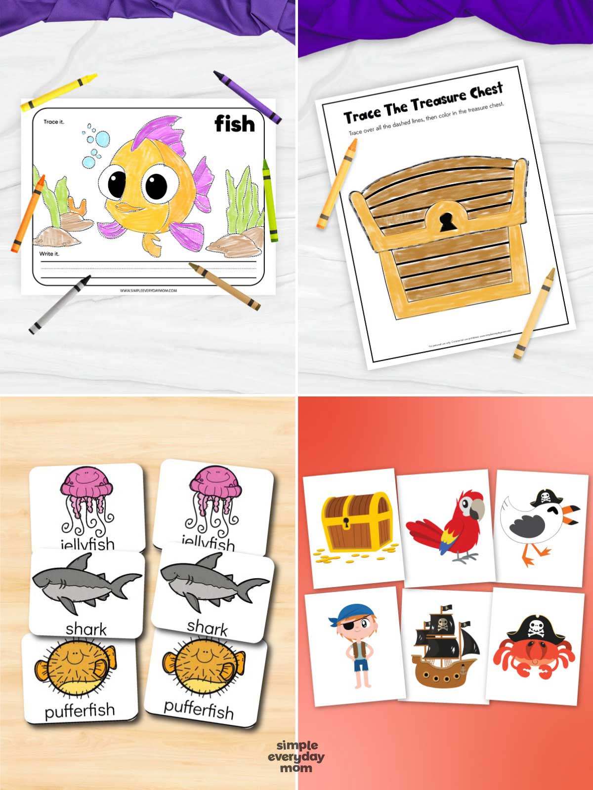 This image showcases a collection of ocean and pirate-themed educational printables for preschool and kindergarten children. The activities include a fish tracing and handwriting worksheet, a treasure chest tracing page, ocean animal vocabulary matching cards, and pirate-themed picture cards that support language development, fine motor practice, and early learning skills. With colorful sea creatures, pirate treasures, and engaging hands-on activities, these printables make learning fun while encouraging literacy and cognitive development.