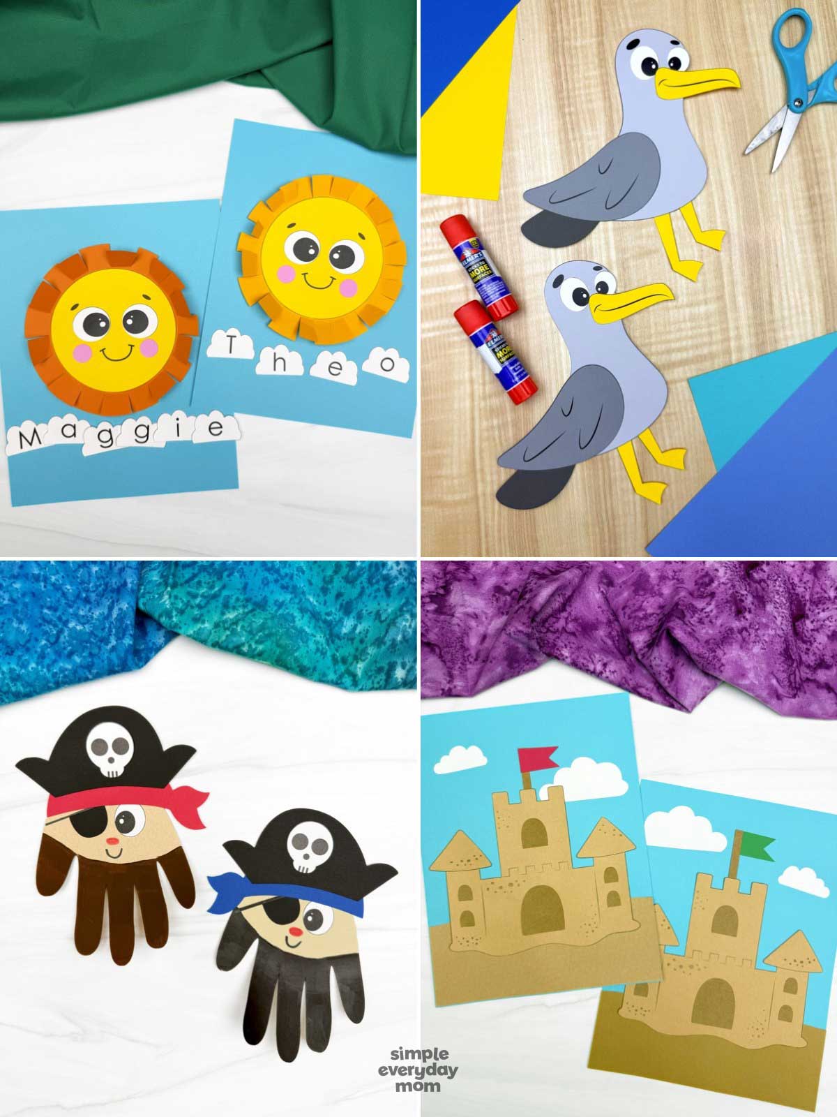 These beach-themed summer crafts give kids a variety of creative, hands-on activities that support fine motor development, cutting skills, and imaginative play. The collection includes personalized sunshine name crafts, adorable paper seagulls, handprint pirate characters, and sandcastle art projects that are perfect for preschoolers and kindergarteners. Great for summer learning, beach units, or ocean-themed fun, these colorful crafts help children practice creativity while making memorable keepsakes.