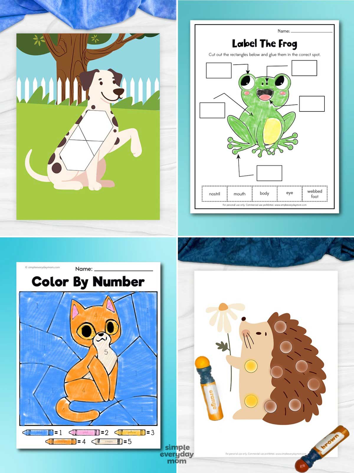 This image showcases four different printable preschool activities featuring animal themes and early learning skills. The activities include a dog tangram puzzle, a frog labeling worksheet, a cat color-by-number page, and a hedgehog dot-marker activity, each designed to support creativity, fine motor development, and educational practice. The worksheets are arranged in a collage format on a light background with blue fabric accents and the Simple Everyday Mom logo at the bottom.