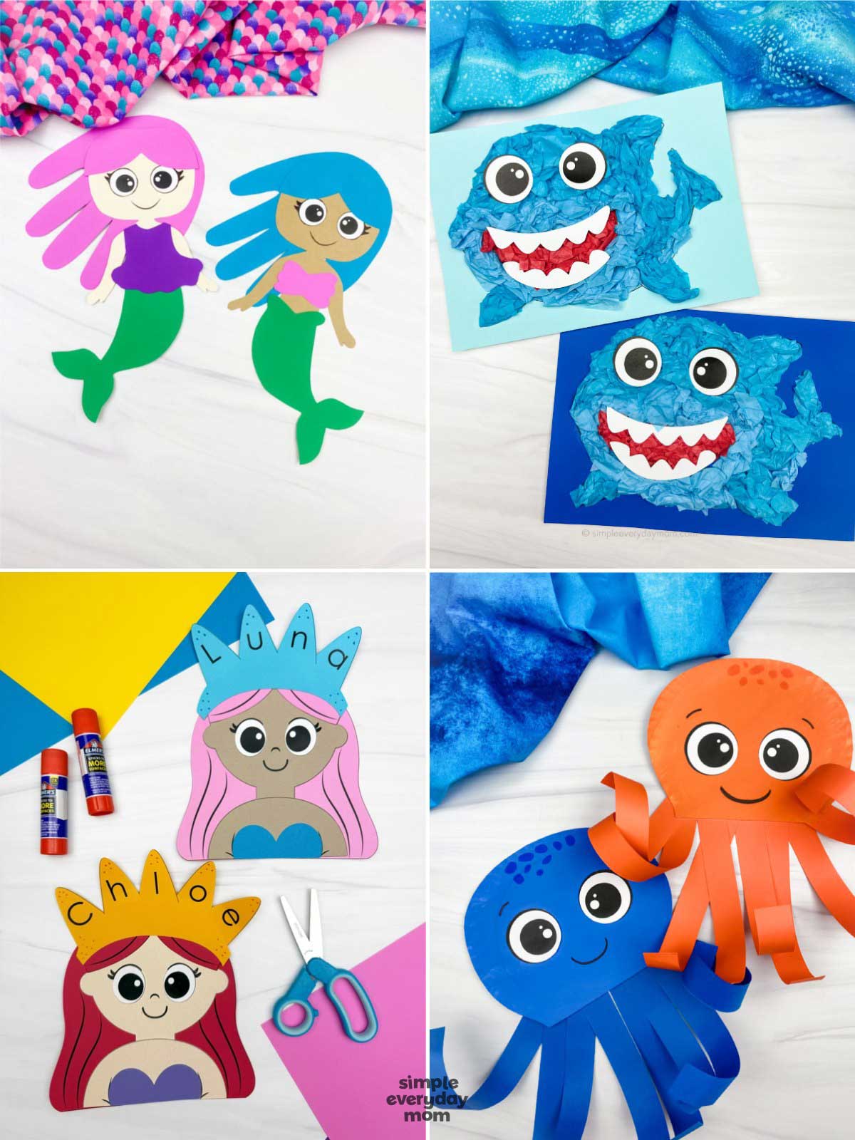 This image features four ocean-themed craft activities for children, including paper mermaids, tissue paper sharks, name crown mermaids, and paper octopuses. The colorful projects help kids develop creativity, fine motor skills, and basic crafting techniques using simple materials like paper, glue, and scissors. With bright sea-inspired designs and friendly characters, these crafts provide fun hands-on learning for preschool and elementary-aged children.