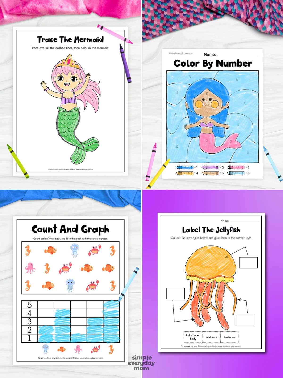 This image showcases four ocean-themed educational worksheets featuring mermaids and sea creatures for young learners. The activities include tracing, color-by-number, counting and graphing, and labeling parts of a jellyfish, helping children practice early math, literacy, and fine motor skills. Bright illustrations and colorful crayons make the worksheets engaging while supporting preschool and kindergarten learning.