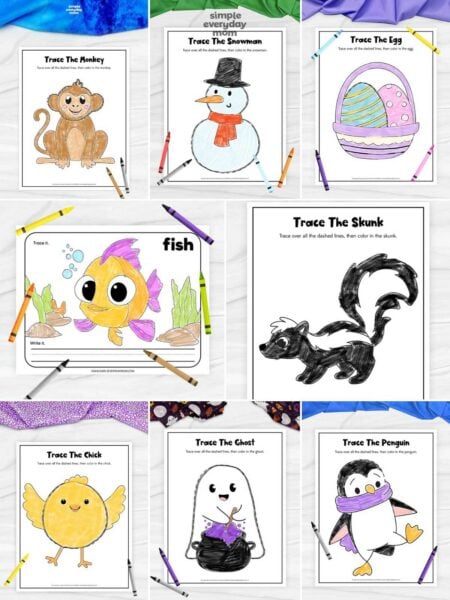 This image is a collage of printable trace-and-color worksheets designed for preschool and kindergarten learners. The pages feature a variety of themes, including a monkey, snowman, Easter egg basket, fish, skunk, chick, ghost, and penguin, helping children practice tracing, coloring, handwriting, and fine motor skills. Crayons and colorful fabric accents surround the worksheets, creating a fun and engaging educational display.