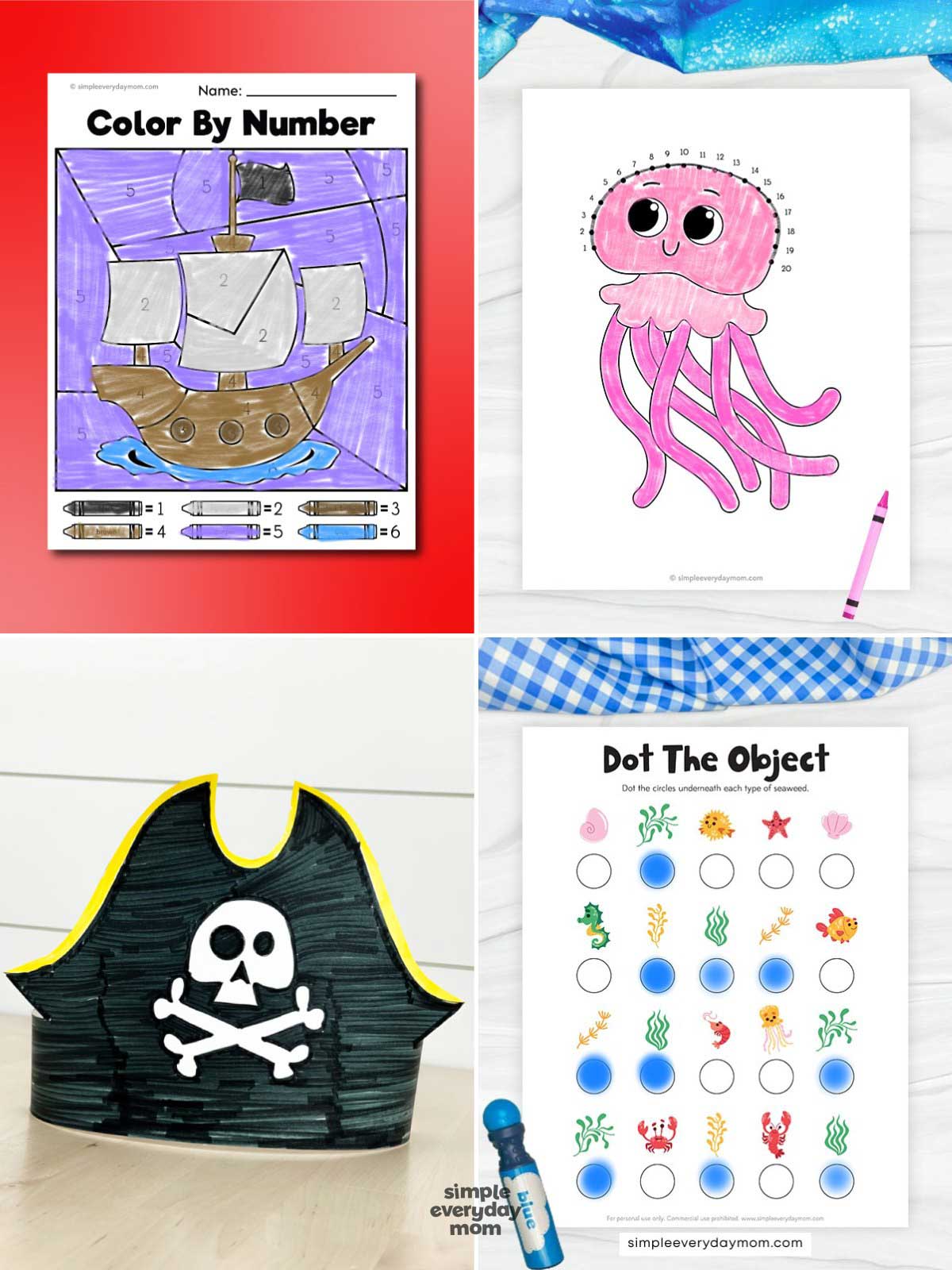 This image showcases four ocean and pirate-themed educational activities designed for preschool and kindergarten children. The collection includes a pirate ship color-by-number worksheet, a jellyfish connect-the-dots page, a pirate hat craft, and a dot-marker activity that helps children identify and count sea-themed objects. These engaging printables support early math, fine motor, visual discrimination, and creativity skills while introducing fun ocean and pirate adventure themes.
