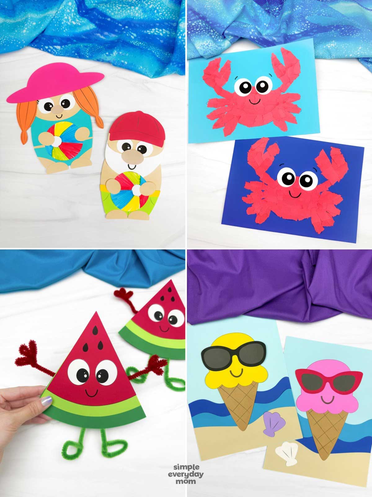 These summer-themed crafts for kids offer a fun mix of beach, ocean, and seasonal activities that encourage creativity and hands-on learning. The collection includes beach character crafts, torn paper crab art, watermelon puppets, and adorable ice cream cone projects that help children develop fine motor skills, cutting skills, and imaginative thinking. Perfect for preschool, kindergarten, summer camps, or beach-themed units, these colorful crafts keep kids engaged while creating fun decorations and keepsakes.