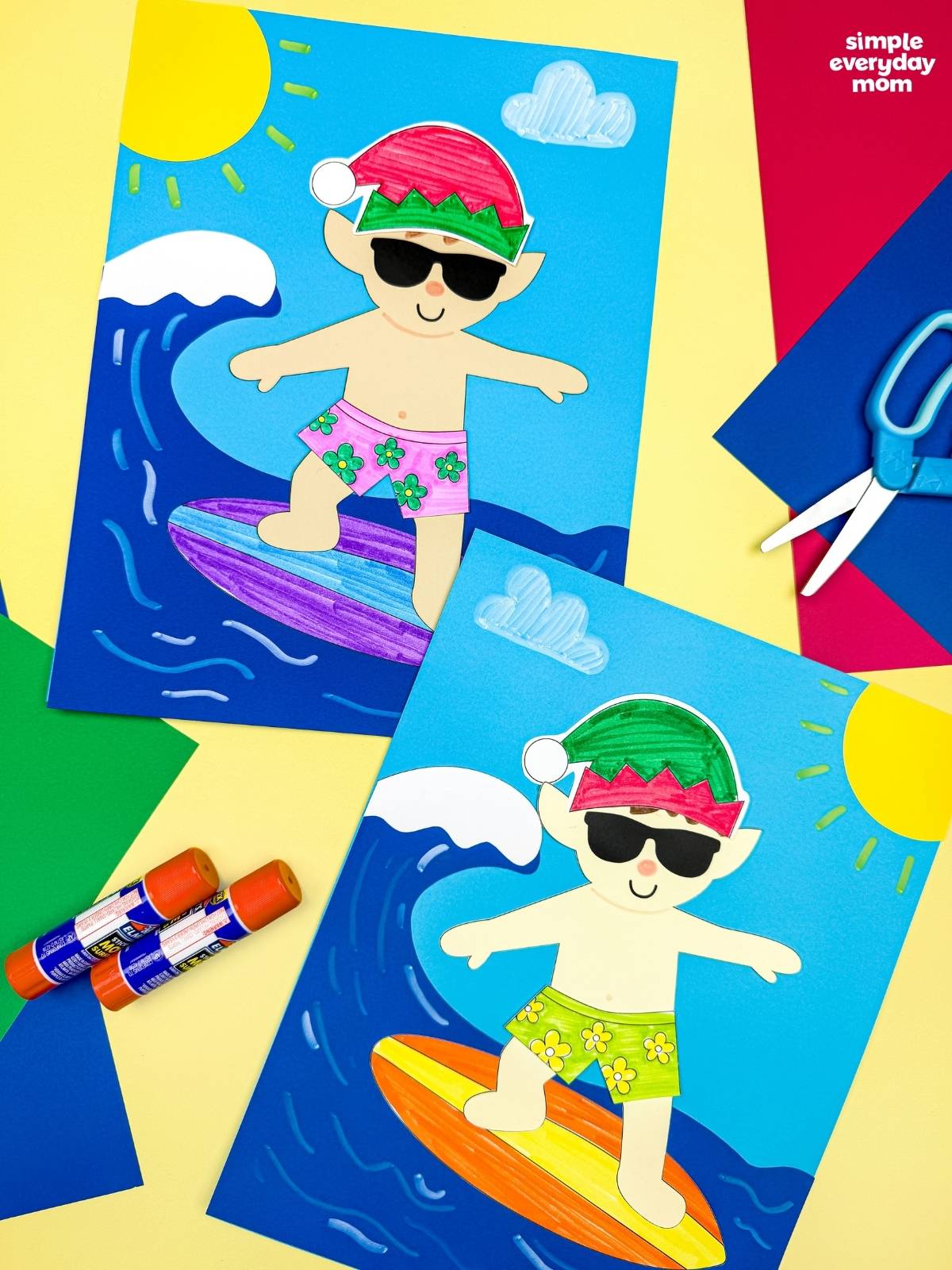 Collage showing two completed elf surfing crafts with elves in sunglasses and Santa hats riding colorful surfboards on ocean wave backgrounds surrounded by craft supplies.