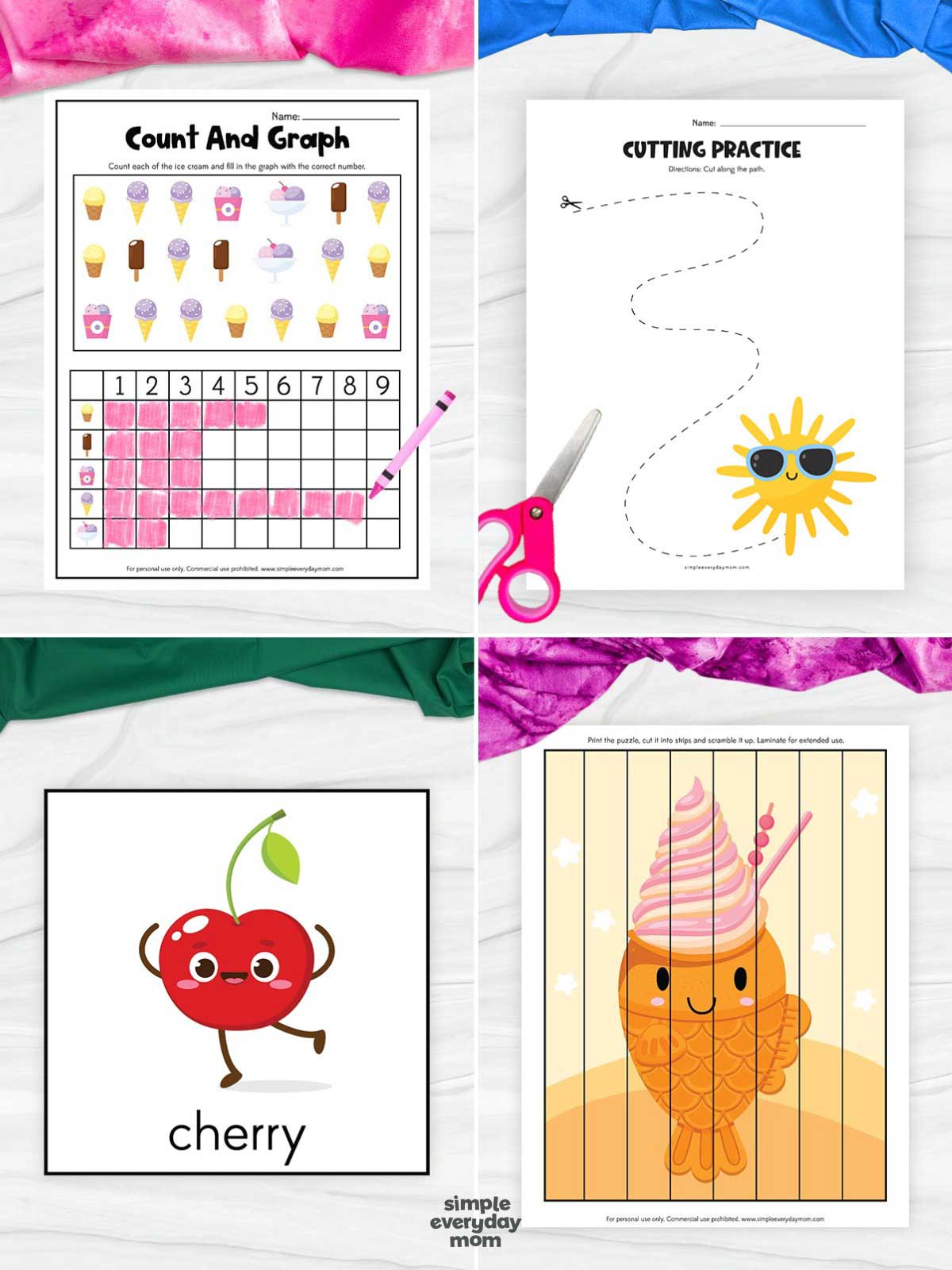 This image showcases four summer-themed educational printables designed for preschool and kindergarten children. The activities include an ice cream count-and-graph worksheet, a sun-themed cutting practice page, a cherry vocabulary flashcard, and a fun ice cream puzzle that helps develop early math, literacy, fine motor, and problem-solving skills. Bright colors and playful summer illustrations make these worksheets engaging while supporting hands-on learning and skill development.