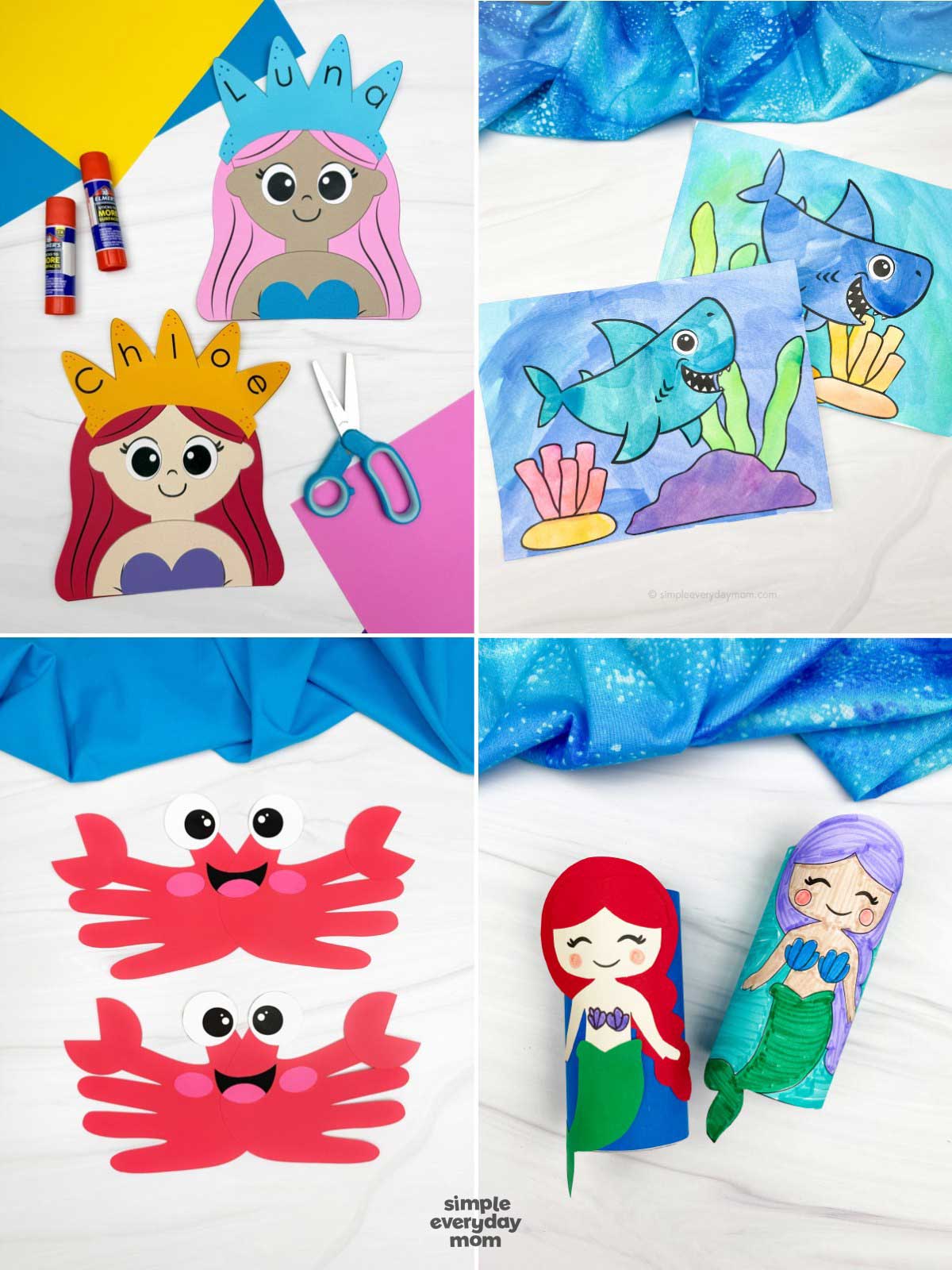 This image showcases four ocean-themed crafts and activities designed for preschool and elementary-aged children. The projects include personalized mermaid name crafts, colorful shark art, cheerful crab crafts, and adorable mermaid puppets made from simple craft materials, helping children develop creativity, fine motor skills, and name recognition. With bright underwater themes and engaging hands-on activities, these crafts encourage imaginative play while introducing kids to fun ocean-inspired learning.
