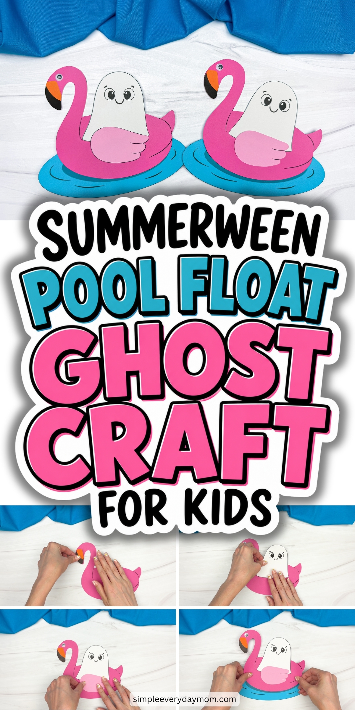 Collage showing completed Summerween ghost crafts and step by step assembly of a ghost in a pink flamingo pool float.