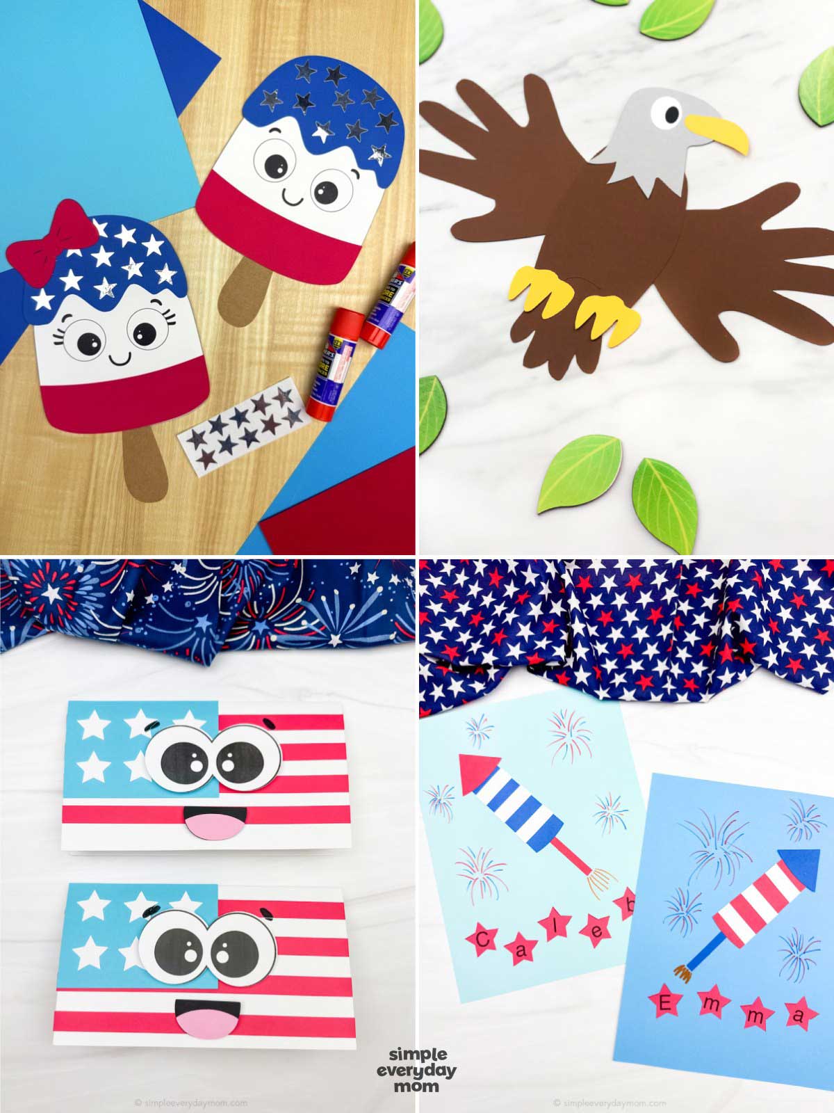 This image showcases four patriotic Fourth of July craft activities for preschool and elementary-aged children. The projects include a popsicle craft decorated in red, white, and blue, a bald eagle paper craft, a fun American flag character craft, and personalized firework name crafts that help reinforce name recognition and spelling skills. These festive hands-on activities encourage creativity, fine motor development, and holiday-themed learning while celebrating Independence Day.