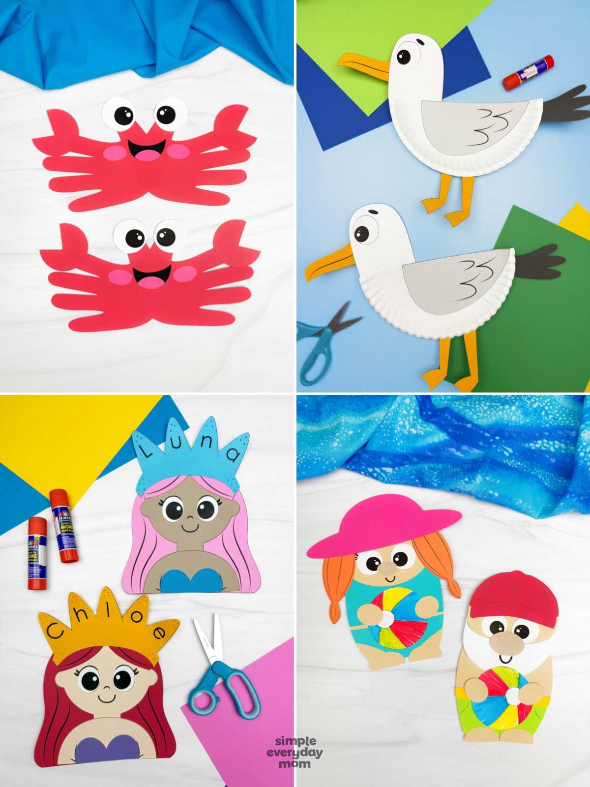 These beach-themed summer crafts provide fun, hands-on activities that help children build creativity, fine motor skills, and following-directions abilities. The collection includes adorable paper crafts such as a handprint crab, a paper plate seagull, mermaid name crafts, and beach character projects that are perfect for preschoolers and kindergarteners. Ideal for summer learning, ocean units, or beach-themed activities, these engaging crafts combine imaginative play with educational skill development.