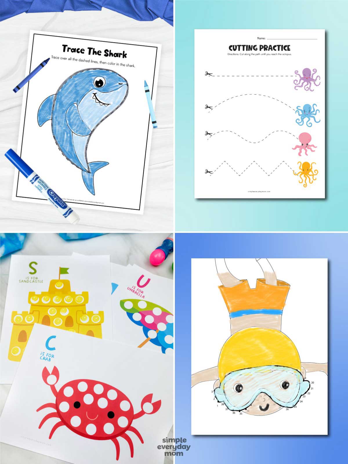 This ocean-themed activity pack includes a variety of engaging worksheets and crafts designed to help preschool and kindergarten students build important early learning skills. Children can practice tracing, cutting, dot marker activities, dot-to-dot puzzles, and coloring while exploring fun ocean topics like sharks, octopuses, crabs, sandcastles, and beach adventures. Perfect for ocean unit studies, summer learning, or marine life theme weeks, these hands-on activities encourage creativity, fine motor development, counting skills, and early literacy practice.
