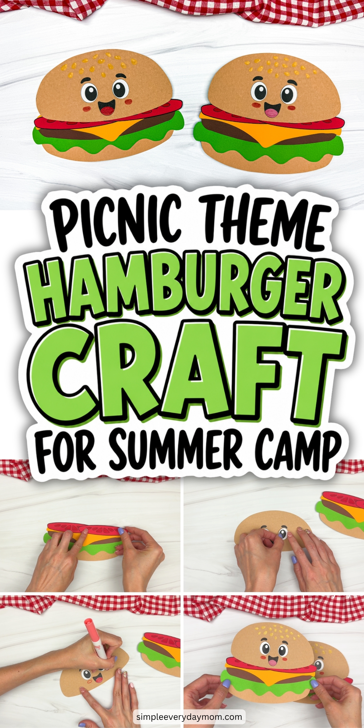 Collage of completed hamburger paper crafts and step-by-step assembly photos with picnic-themed hamburger craft text.