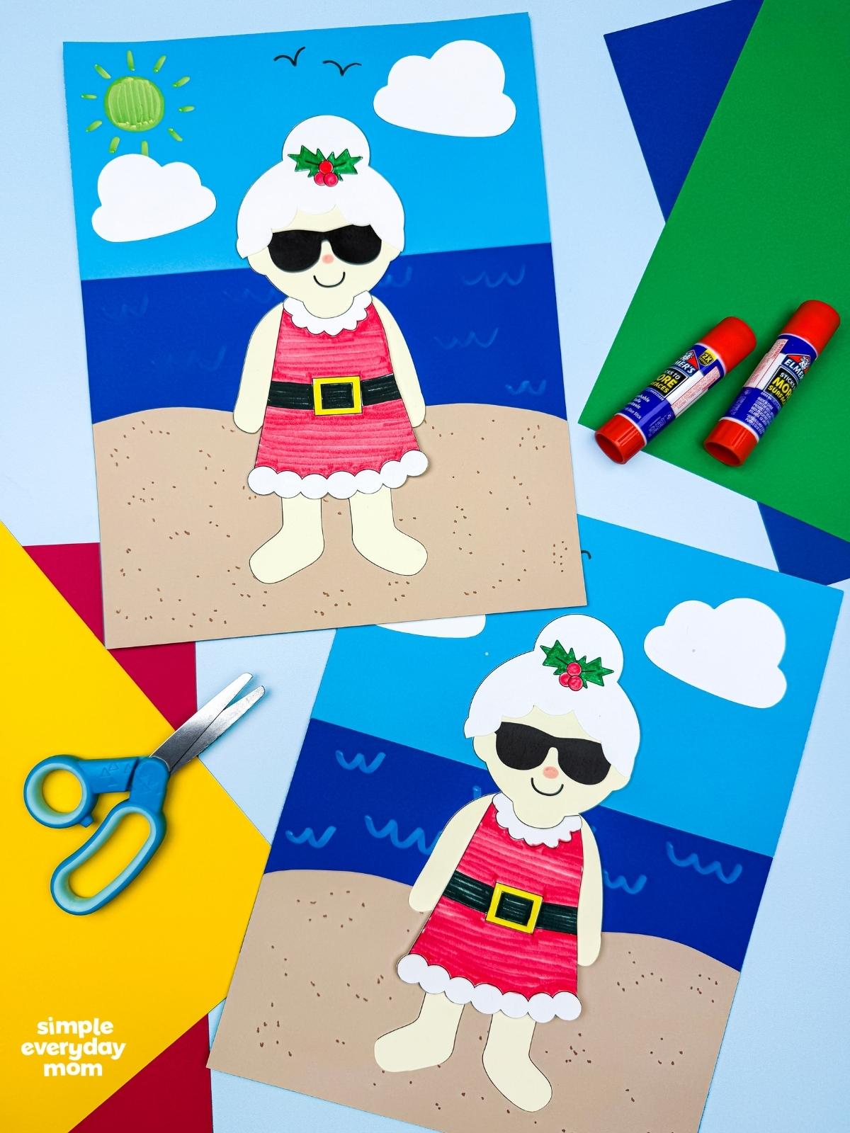 Collage of two completed Summer Mrs. Claus crafts on beach scene backgrounds with colorful paper, glue sticks, and scissors.