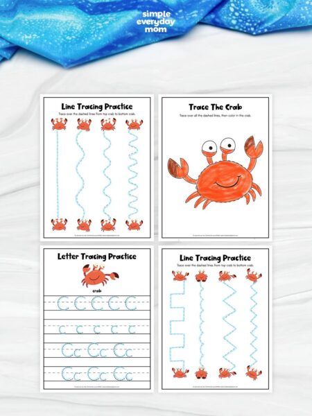 These crab tracing worksheets give preschool and kindergarten kids a fun way to build prewriting and early literacy skills. The printable set includes line tracing, letter tracing, and tracing and coloring activities to strengthen pencil control, fine motor skills, and hand-eye coordination. Perfect for classrooms, homeschool, learning centers, or ocean-themed lessons.