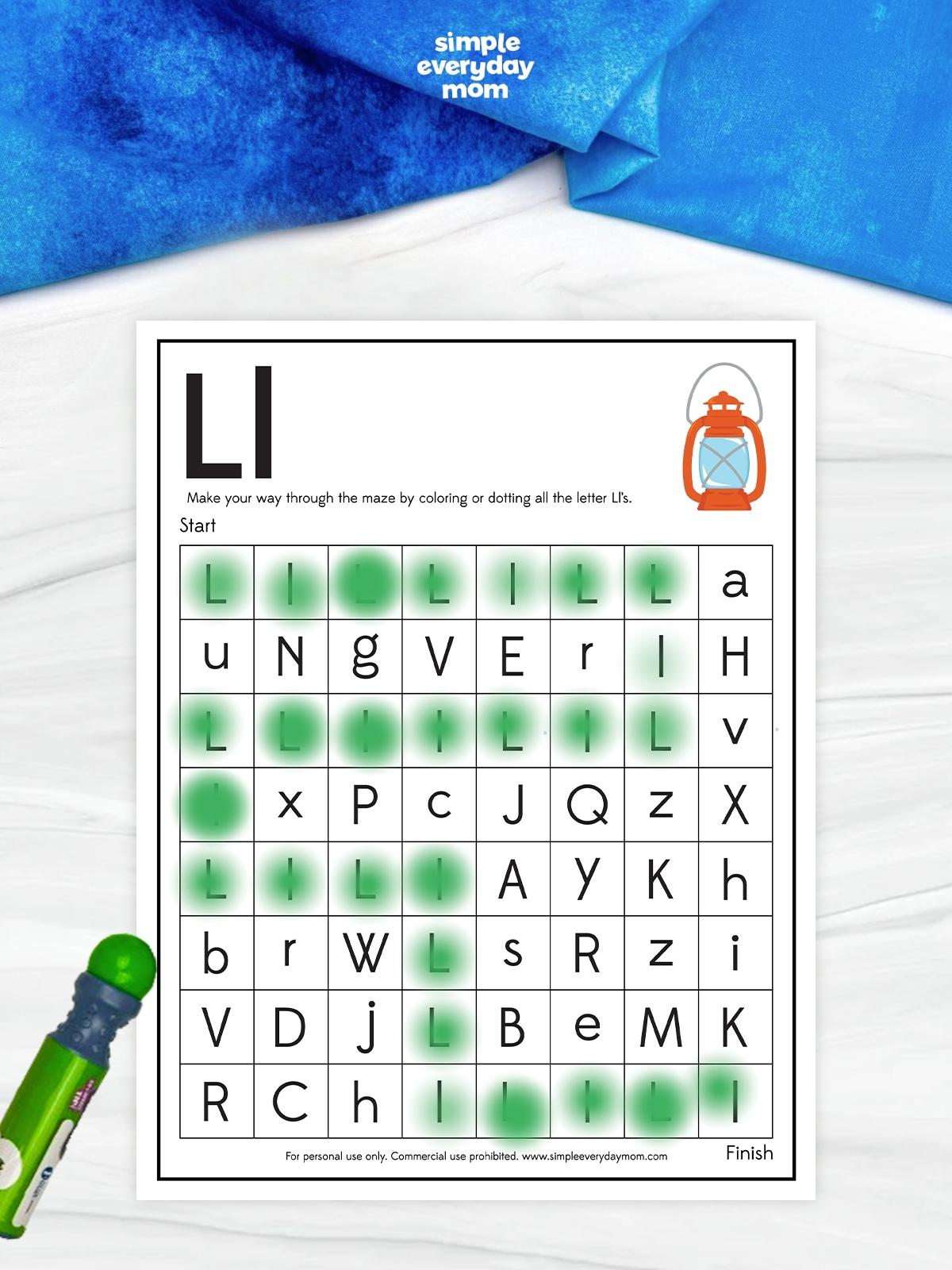 This camping letter L maze worksheet helps preschool and kindergarten kids practice recognizing uppercase and lowercase L in a fun, hands-on way. Children color or dot each letter L to complete the maze while strengthening letter recognition, visual discrimination, and fine motor skills. It's a great printable for classrooms, homeschool, literacy centers, or camping-themed learning.