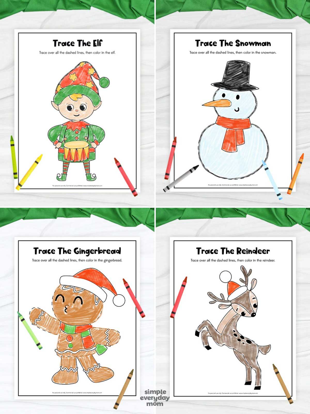 This image shows four Christmas-themed tracing worksheets for kids: an elf, a snowman, a gingerbread character, and a reindeer. Each printable page encourages children to trace the dashed outlines and then color the picture, helping develop fine motor and handwriting skills. Bright crayons and festive illustrations make the activities fun, engaging, and perfect for holiday learning.