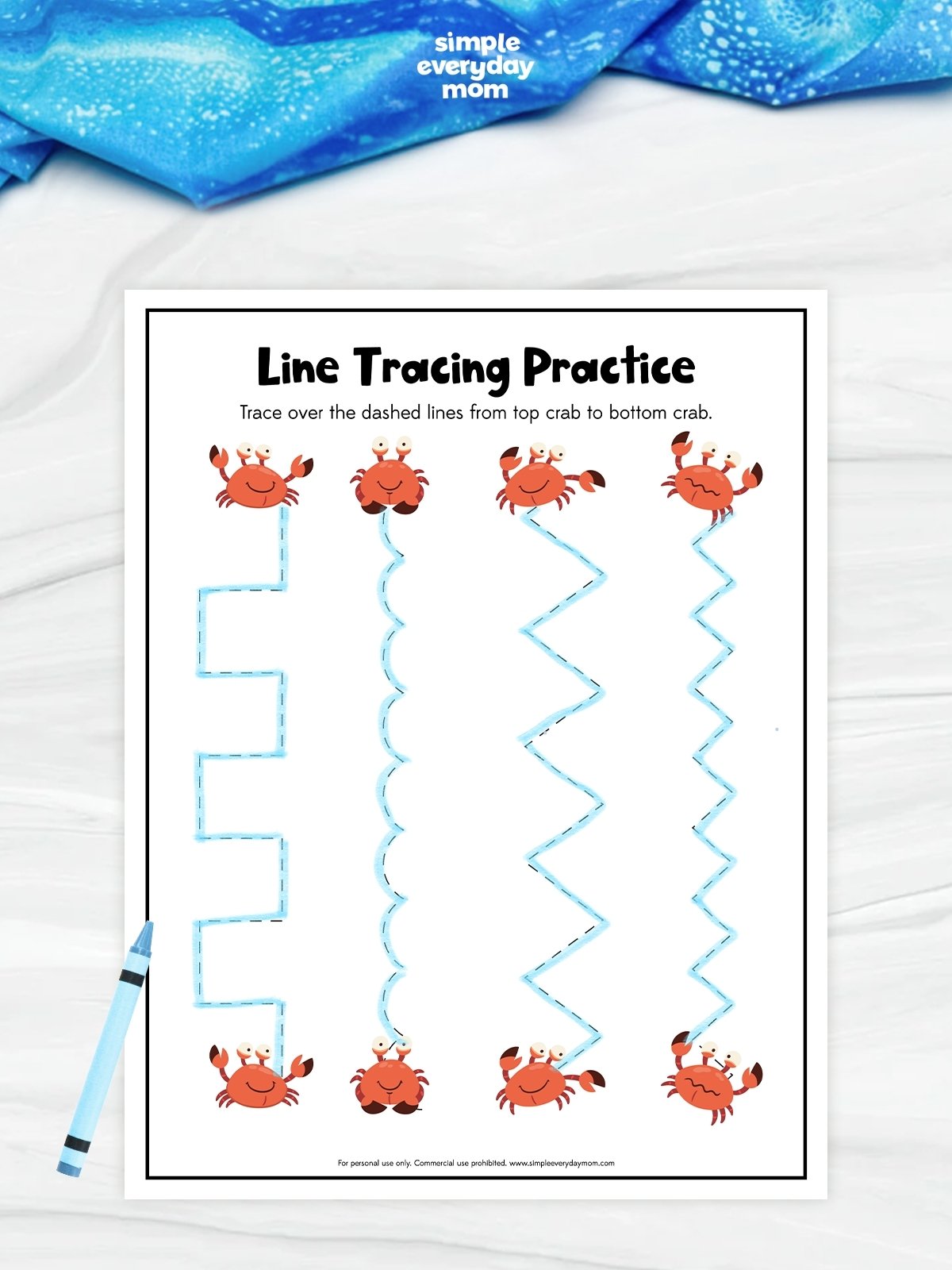 This crab line tracing worksheet helps preschool and kindergarten kids practice a variety of tracing patterns while building prewriting skills. Children trace straight, curved, and zigzag lines to strengthen pencil control, fine motor skills, and hand-eye coordination. It's a fun ocean-themed printable that's perfect for classrooms, homeschool, or learning centers.