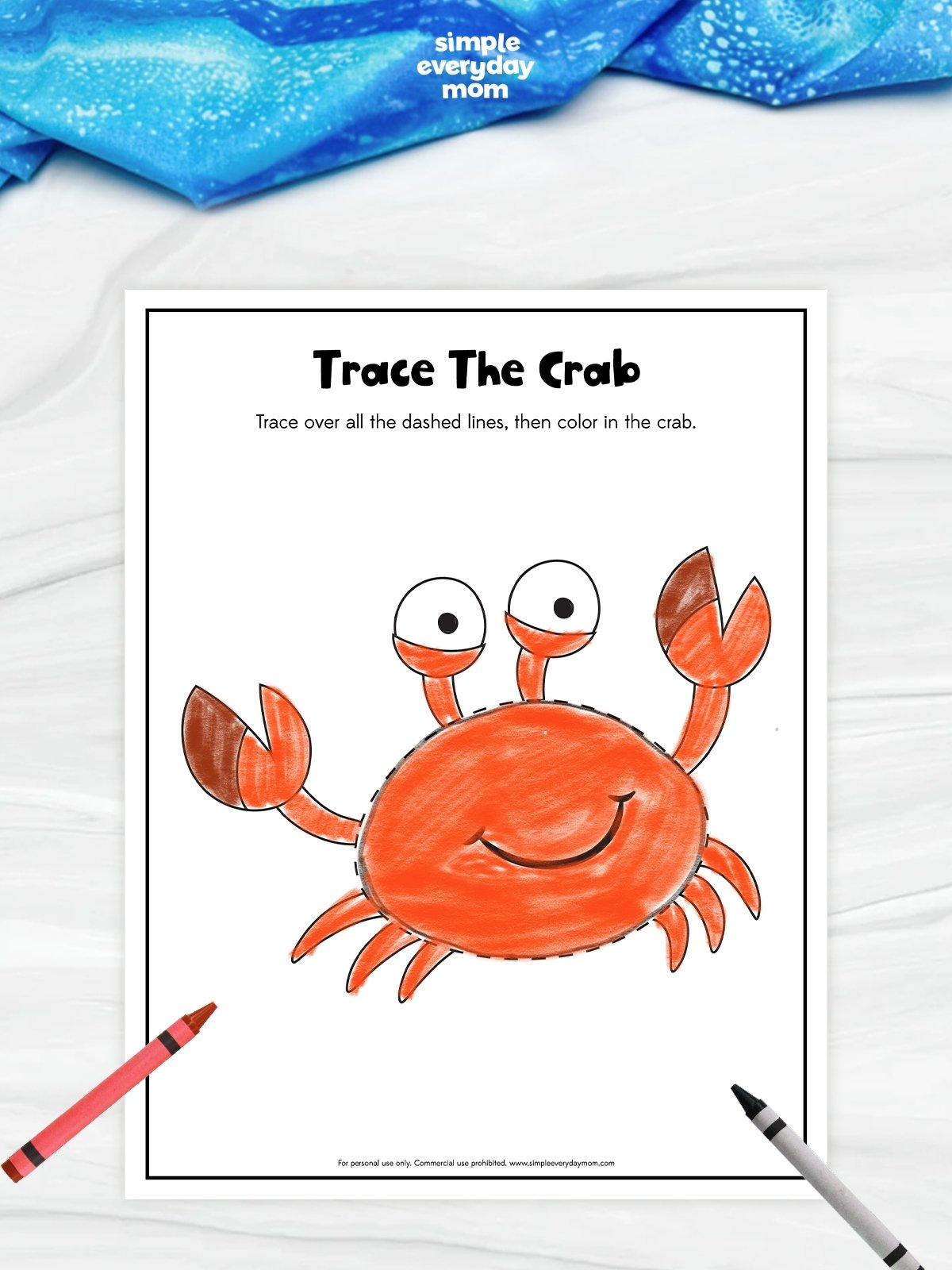 This trace the crab worksheet gives preschool and kindergarten kids a fun way to practice prewriting and pencil control. Children trace the dashed outline of the crab before coloring it to strengthen fine motor skills and hand-eye coordination. It's an easy ocean-themed printable that's perfect for classrooms, homeschool, or summer learning activities.