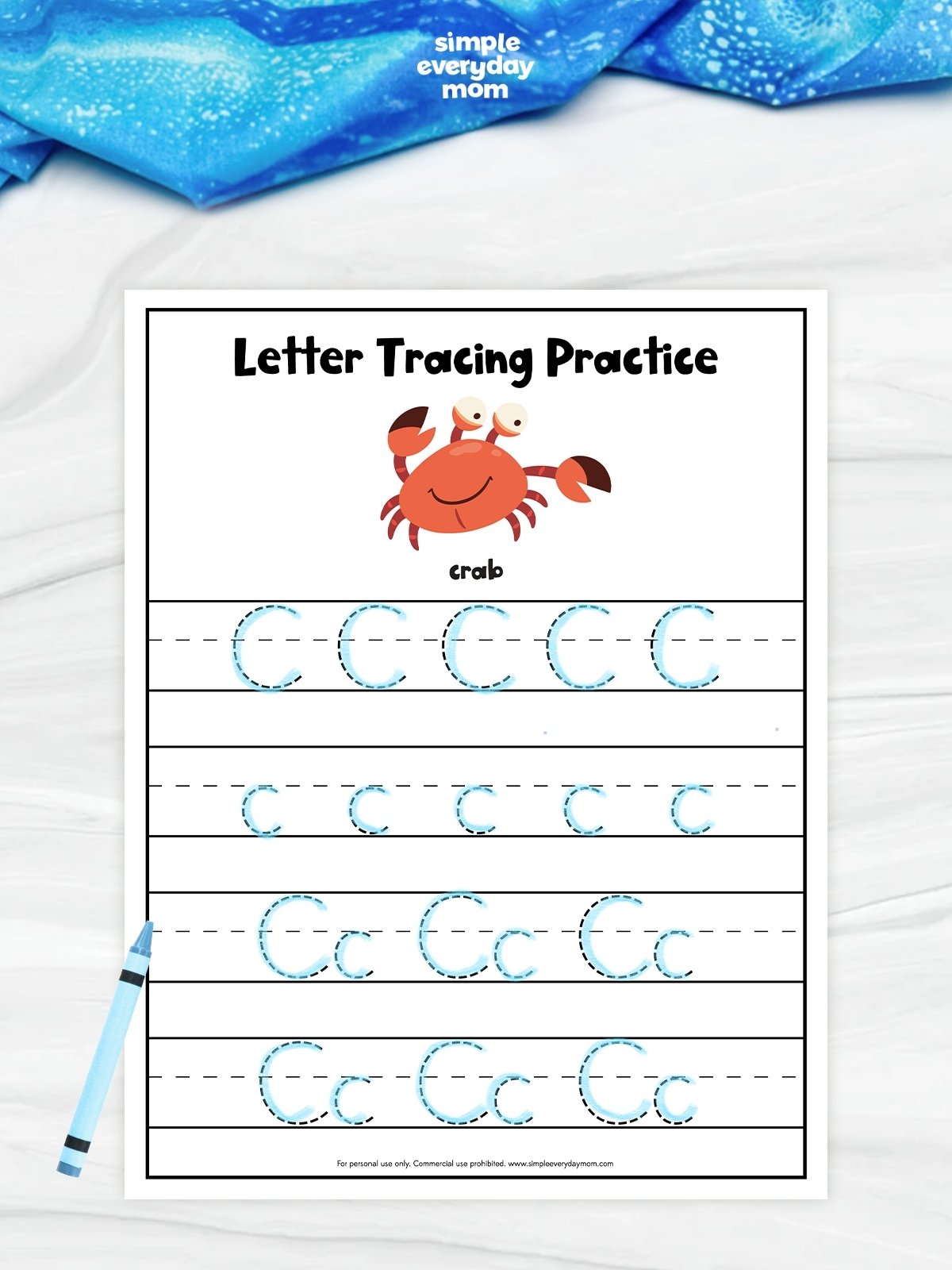 This crab letter tracing worksheet helps preschool and kindergarten kids practice writing the letter C while building early literacy skills. Children trace uppercase and lowercase C to improve pencil control, letter recognition, and fine motor development. It's a fun ocean-themed printable that's perfect for classrooms, homeschool, or literacy centers.