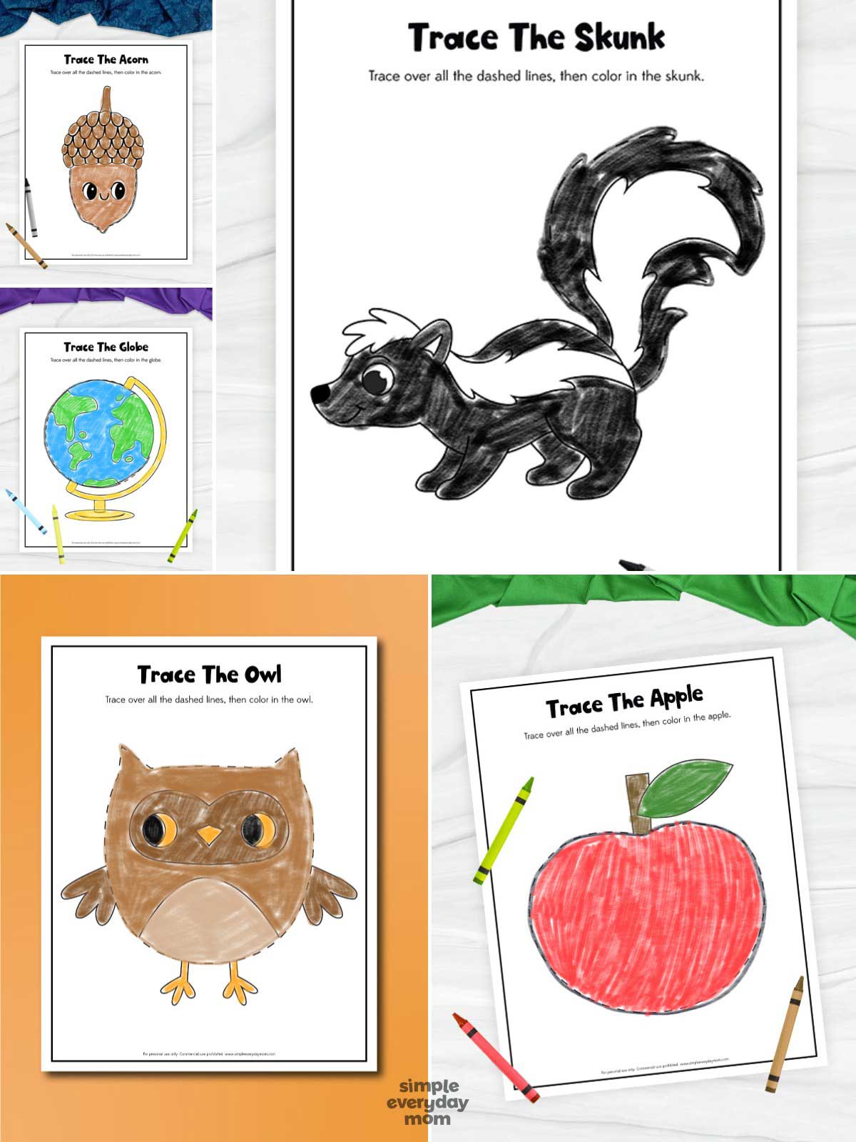 This image showcases six tracing worksheets featuring an acorn, a globe, a skunk, an owl, and an apple. Children can trace the dashed outlines and then color each picture, helping develop fine motor skills, hand-eye coordination, and early handwriting abilities. The mix of nature, animals, and educational themes makes these printables engaging for preschool and kindergarten learning activities.