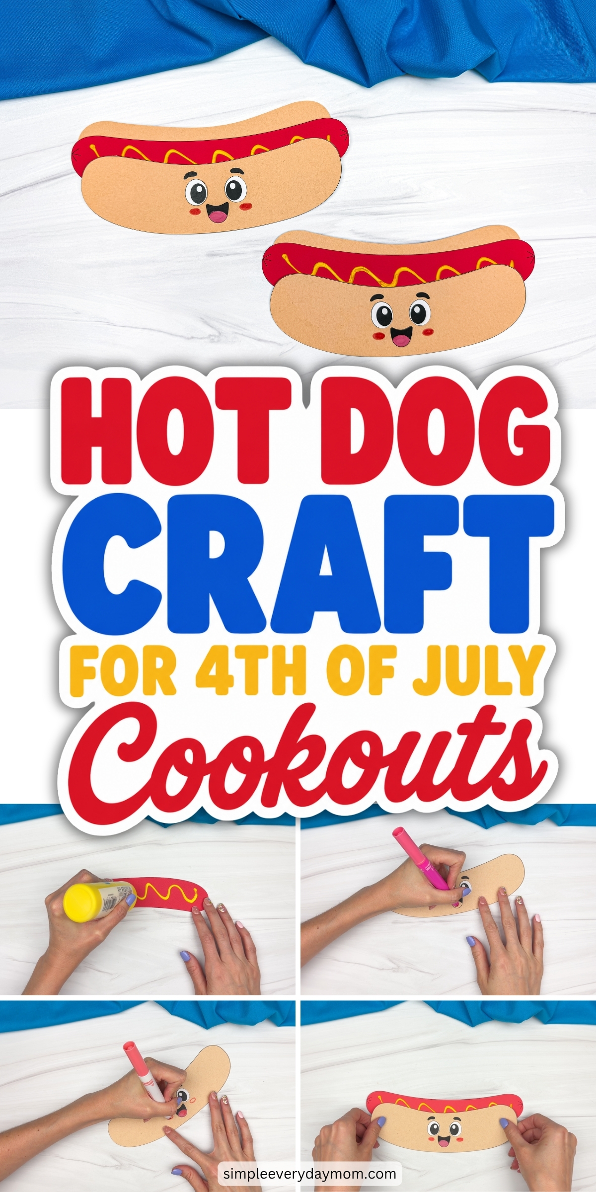 Collage of hot dog craft steps and completed paper hot dog crafts with a smiling face and mustard topping for 4th of July cookouts.