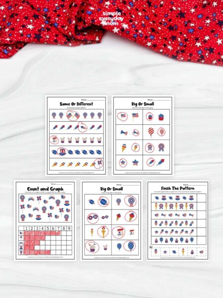 This image showcases a collection of five patriotic-themed printable worksheets designed for preschool and kindergarten children. The activities include same or different, big or small, count and graph, and finish the pattern exercises that help build early math, comparison, counting, and critical-thinking skills. Featuring festive red, white, and blue illustrations inspired by Independence Day, these worksheets provide a fun and engaging way for young learners to practice essential educational concepts.