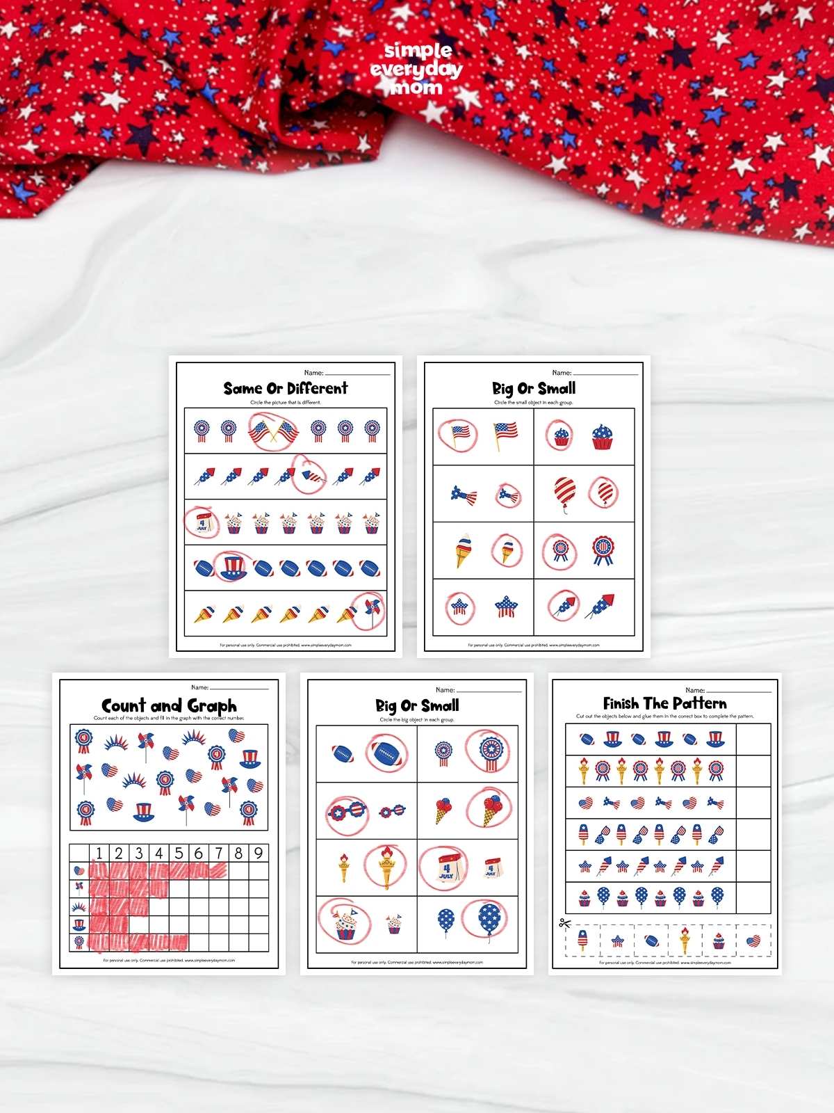 This image showcases a collection of five patriotic-themed printable worksheets designed for preschool and kindergarten children. The activities include same or different, big or small, count and graph, and finish the pattern exercises that help build early math, comparison, counting, and critical-thinking skills. Featuring festive red, white, and blue illustrations inspired by Independence Day, these worksheets provide a fun and engaging way for young learners to practice essential educational concepts.