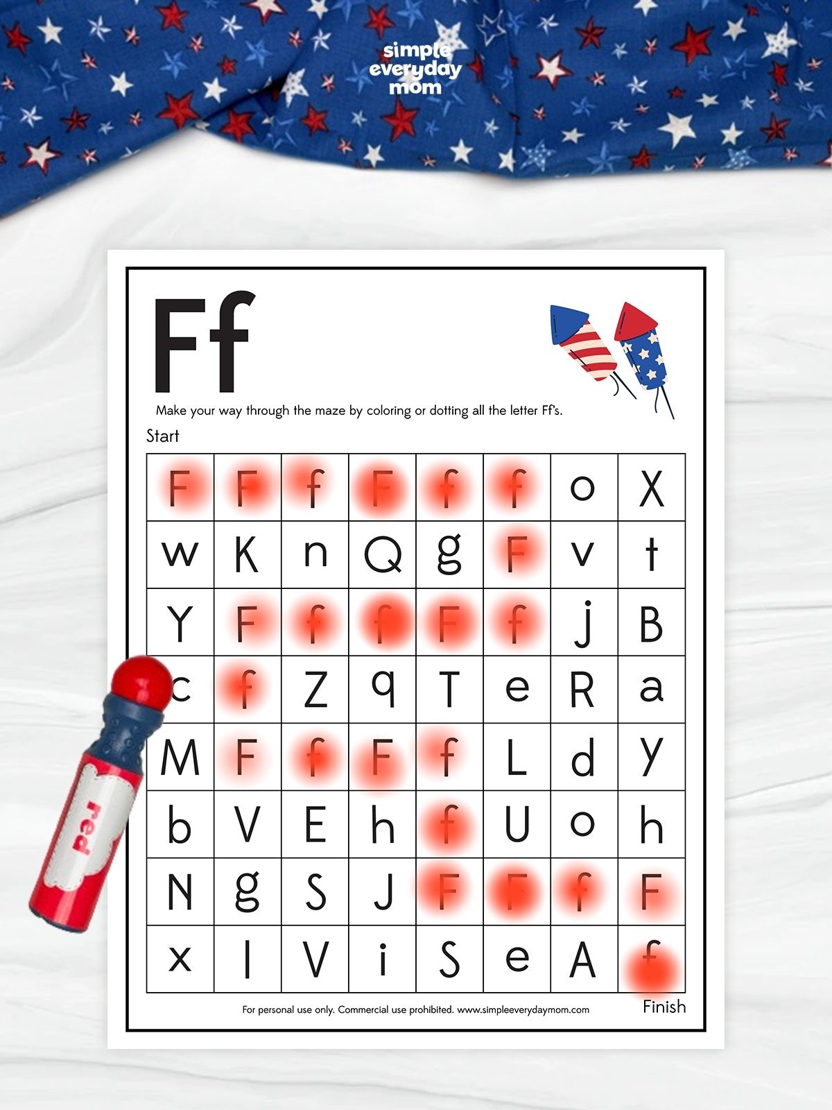 This patriotic letter maze worksheet features the letter F and challenges children to find a path from start to finish by coloring or dotting only the uppercase and lowercase F letters in the grid. Decorated with patriotic fireworks rockets and a red, white, and blue theme, this printable activity helps young learners strengthen letter recognition, visual tracking, concentration, and fine motor skills. It’s a fun Fourth of July learning activity for preschoolers, kindergarteners, and early elementary students practicing alphabet mastery.