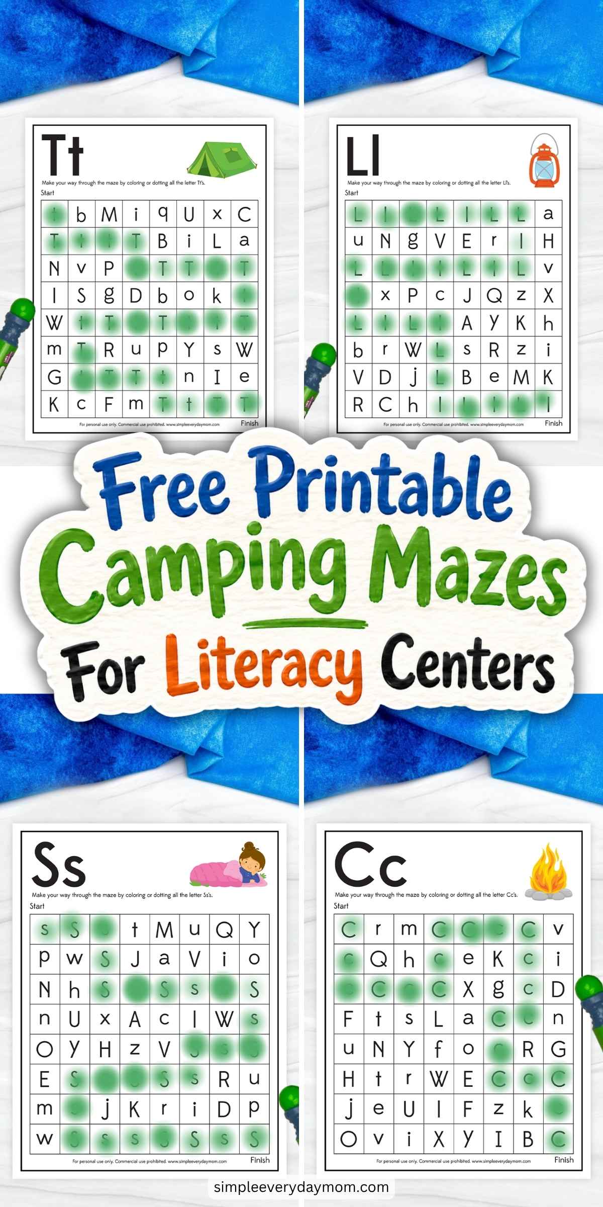 These free printable camping letter mazes make learning the alphabet fun for preschool and kindergarten kids. Children complete each maze by finding uppercase and lowercase letters while building letter recognition, visual discrimination, and fine motor skills. They're perfect for literacy centers, classrooms, homeschool, or camping-themed learning activities.