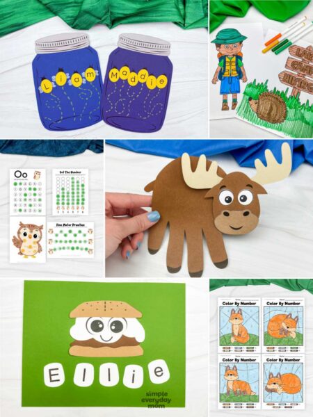 This image features a variety of camping and forest-themed crafts and learning activities for children. The collection includes name crafts, coloring pages, a handprint moose, alphabet activities, and color-by-number worksheets designed to make learning fun and interactive. These engaging projects help kids practice creativity, fine motor skills, letter recognition, and early learning concepts while exploring outdoor and nature themes.