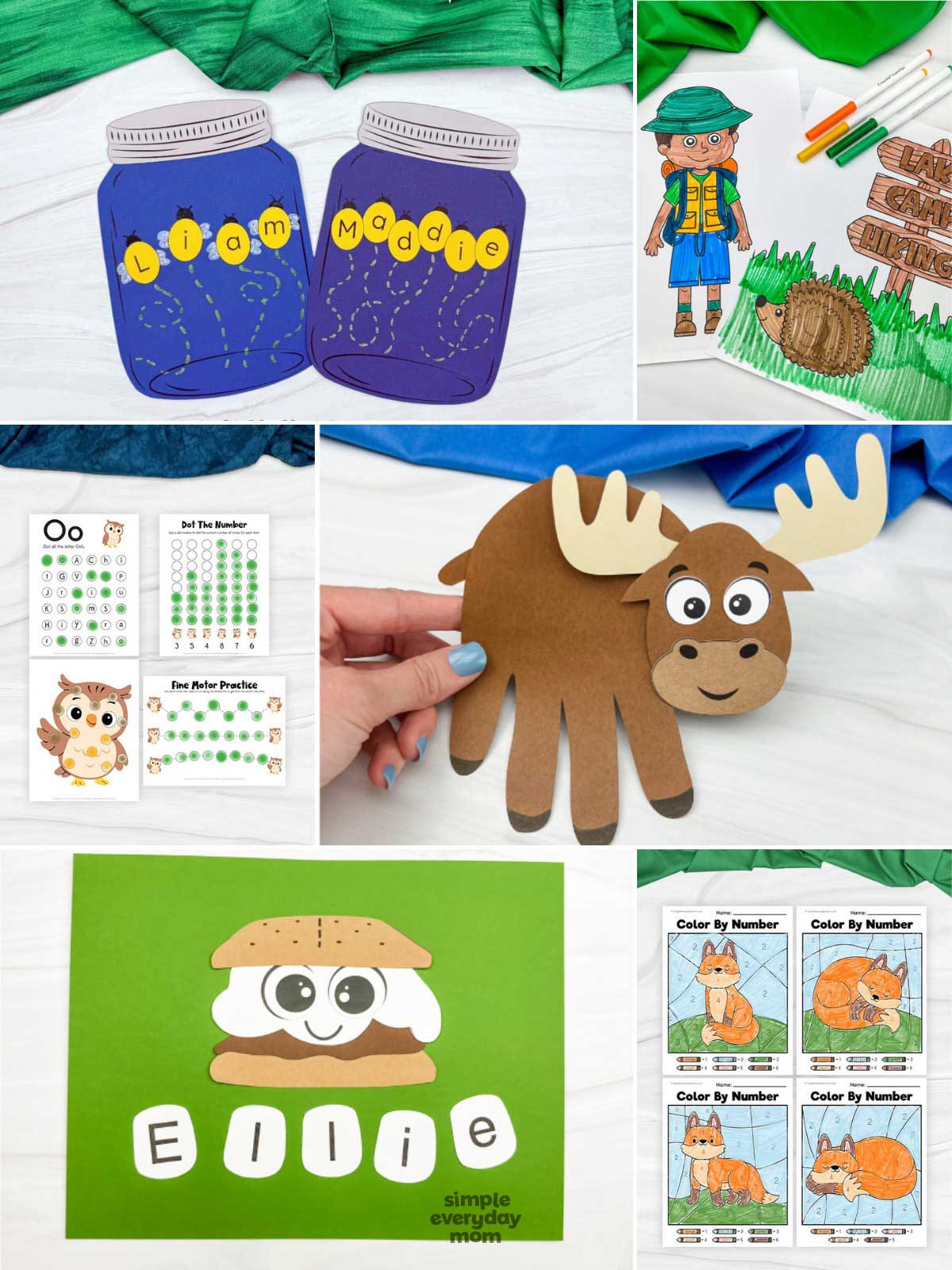 This image features a variety of camping and forest-themed crafts and learning activities for children. The collection includes name crafts, coloring pages, a handprint moose, alphabet activities, and color-by-number worksheets designed to make learning fun and interactive. These engaging projects help kids practice creativity, fine motor skills, letter recognition, and early learning concepts while exploring outdoor and nature themes.