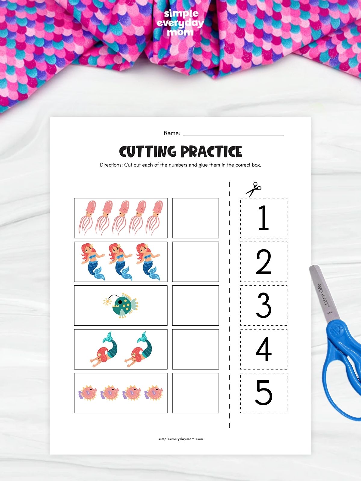 This image shows an ocean-themed counting and cut-and-paste worksheet designed to help young children practice number recognition, counting, and scissor skills. Children count the sea creatures in each row, cut out the numbered squares on the right, and glue the correct number into the matching box. Featuring colorful jellyfish, mermaids, fish, and other sea creatures, the activity makes early math learning fun and engaging.