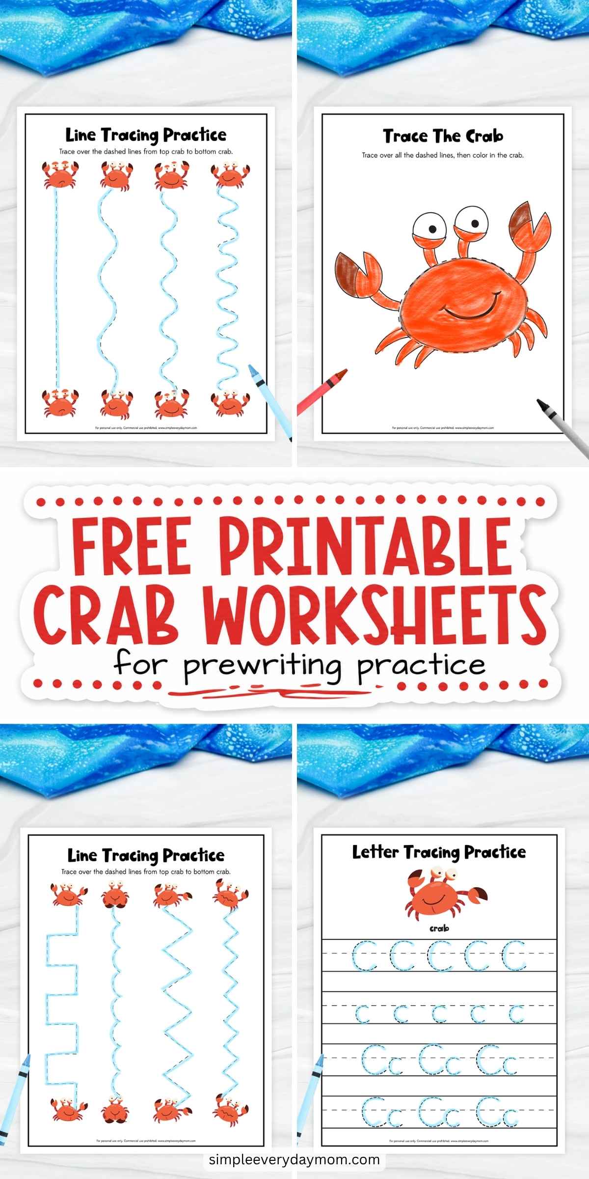 These free printable crab worksheets help preschool and kindergarten kids build prewriting and early literacy skills through fun ocean-themed activities. Children can practice tracing lines, coloring, and letter formation while strengthening fine motor control and hand-eye coordination. They're perfect for classrooms, homeschool, learning centers, or summer learning fun.