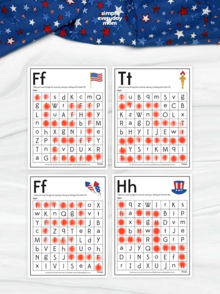 This image displays a set of four July 4th alphabet maze worksheets designed to help kindergarten students practice letter recognition in a fun, patriotic way. Each worksheet focuses on a specific letter—F, T, F, and H—and challenges children to find a path through the maze by coloring or dotting the matching uppercase and lowercase letters. Featuring festive Independence Day graphics such as an American flag, torch, kites, and Uncle Sam hat, these printable activities combine early literacy practice with holiday-themed learning.