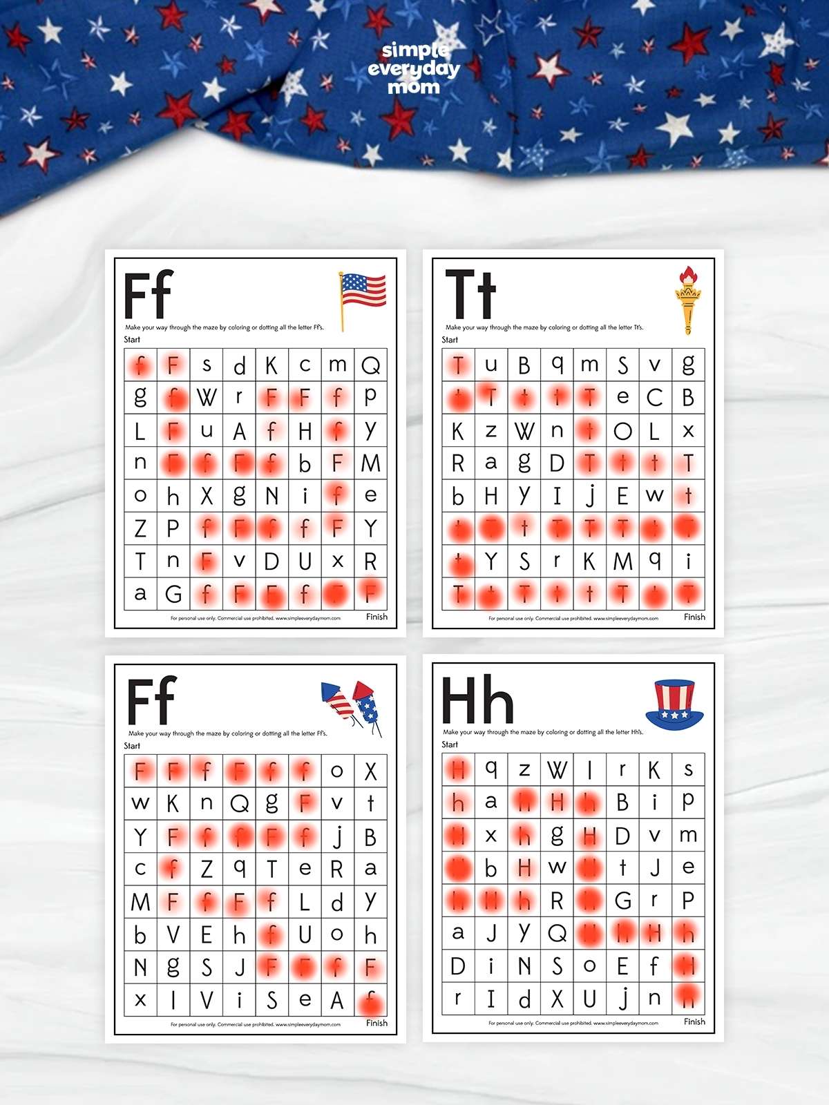 This image displays a set of four July 4th alphabet maze worksheets designed to help kindergarten students practice letter recognition in a fun, patriotic way. Each worksheet focuses on a specific letter—F, T, F, and H—and challenges children to find a path through the maze by coloring or dotting the matching uppercase and lowercase letters. Featuring festive Independence Day graphics such as an American flag, torch, kites, and Uncle Sam hat, these printable activities combine early literacy practice with holiday-themed learning.