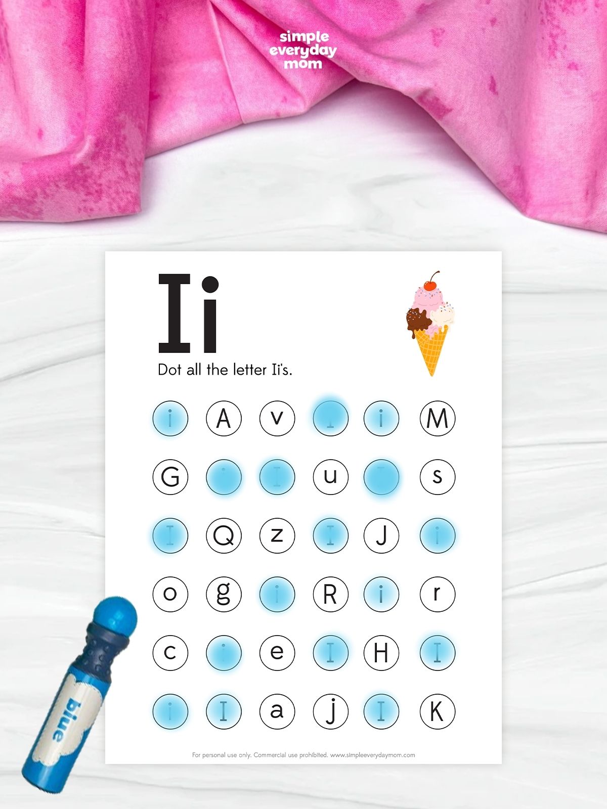 This image shows an ice cream-themed letter recognition worksheet focused on the uppercase and lowercase letter I. Children use dot markers to identify and mark all the letter I’s among a mix of letters, helping strengthen alphabet recognition and early literacy skills. The colorful ice cream design adds a fun summer touch that keeps young learners engaged while they practice.