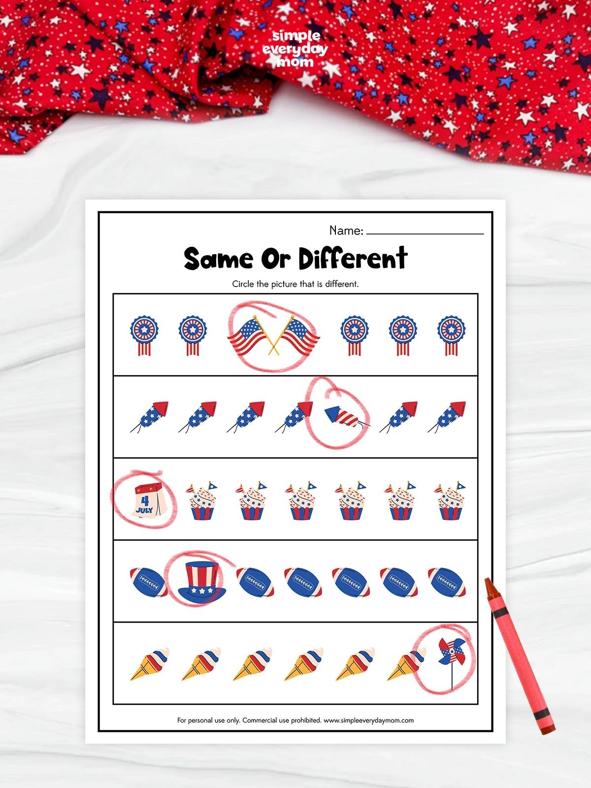 This patriotic-themed "Same or Different" worksheet helps preschool and kindergarten children strengthen visual discrimination and observation skills. Kids look across each row of patriotic images and circle the picture that is different from the others. Featuring festive Fourth of July items such as flags, rockets, cupcakes, footballs, and pinwheels, this activity provides a fun way to build attention to detail and early critical-thinking skills.