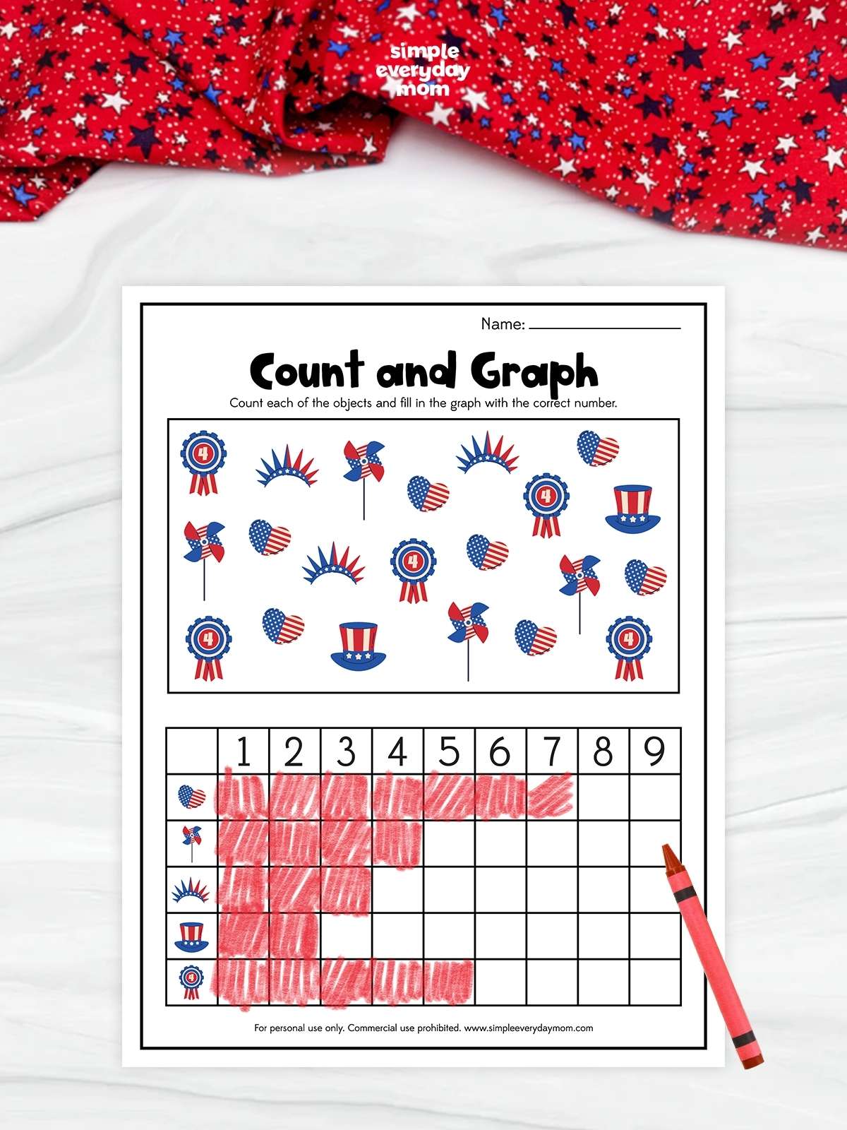 This patriotic-themed "Count and Graph" worksheet helps preschool and kindergarten children practice counting, graphing, and data interpretation skills. Kids count each Fourth of July-themed object, including hearts, pinwheels, patriotic crowns, hats, and ribbons, then color the graph to show the correct totals. The hands-on activity builds early math skills while keeping children engaged with festive red, white, and blue illustrations.