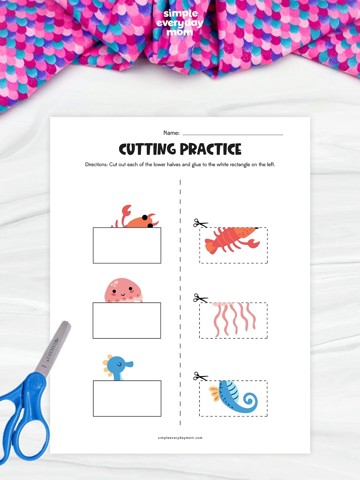 This image features an ocean-themed cut-and-paste worksheet that helps children practice both scissor skills and visual matching. Kids are instructed to cut out the lower halves of three sea creatures and glue them to the correct upper halves shown on the left side of the page. Colorful illustrations of a crab, jellyfish, and seahorse make the activity engaging while supporting fine motor development and problem-solving skills.