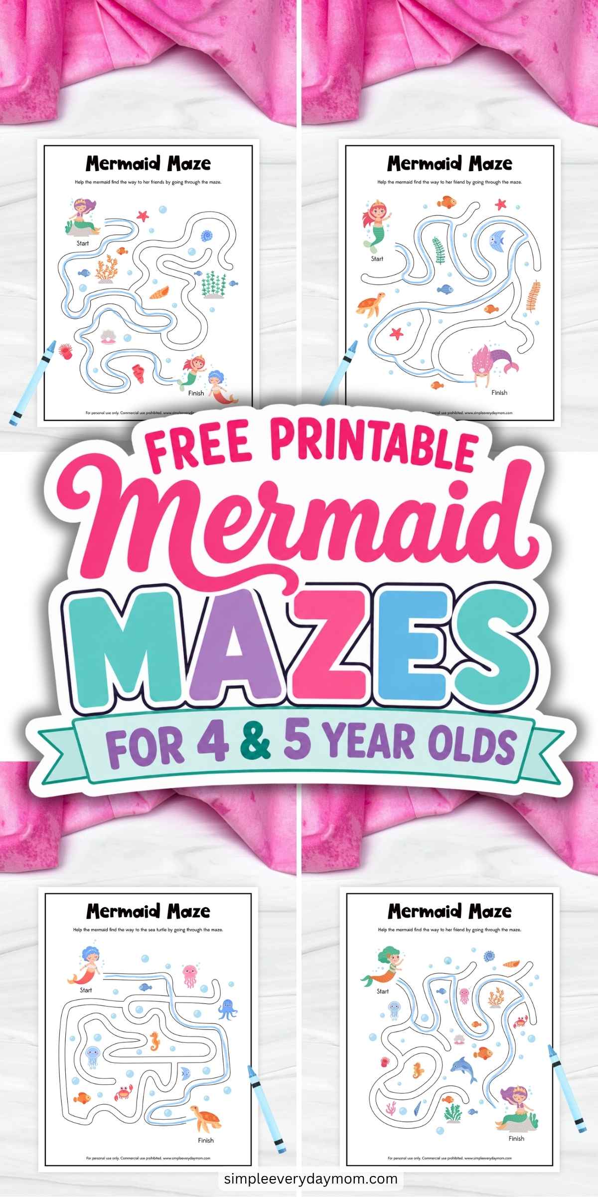 This image promotes a collection of free printable mermaid maze worksheets designed for children ages 4 and 5. The preview showcases four different maze activities where kids help mermaids navigate underwater paths to reach friends, sea turtles, or other ocean-themed destinations. Filled with colorful sea creatures, coral, bubbles, and aquatic scenery, these printables provide an engaging way to build problem-solving, visual tracking, concentration, and critical-thinking skills while encouraging screen-free learning and imaginative play.